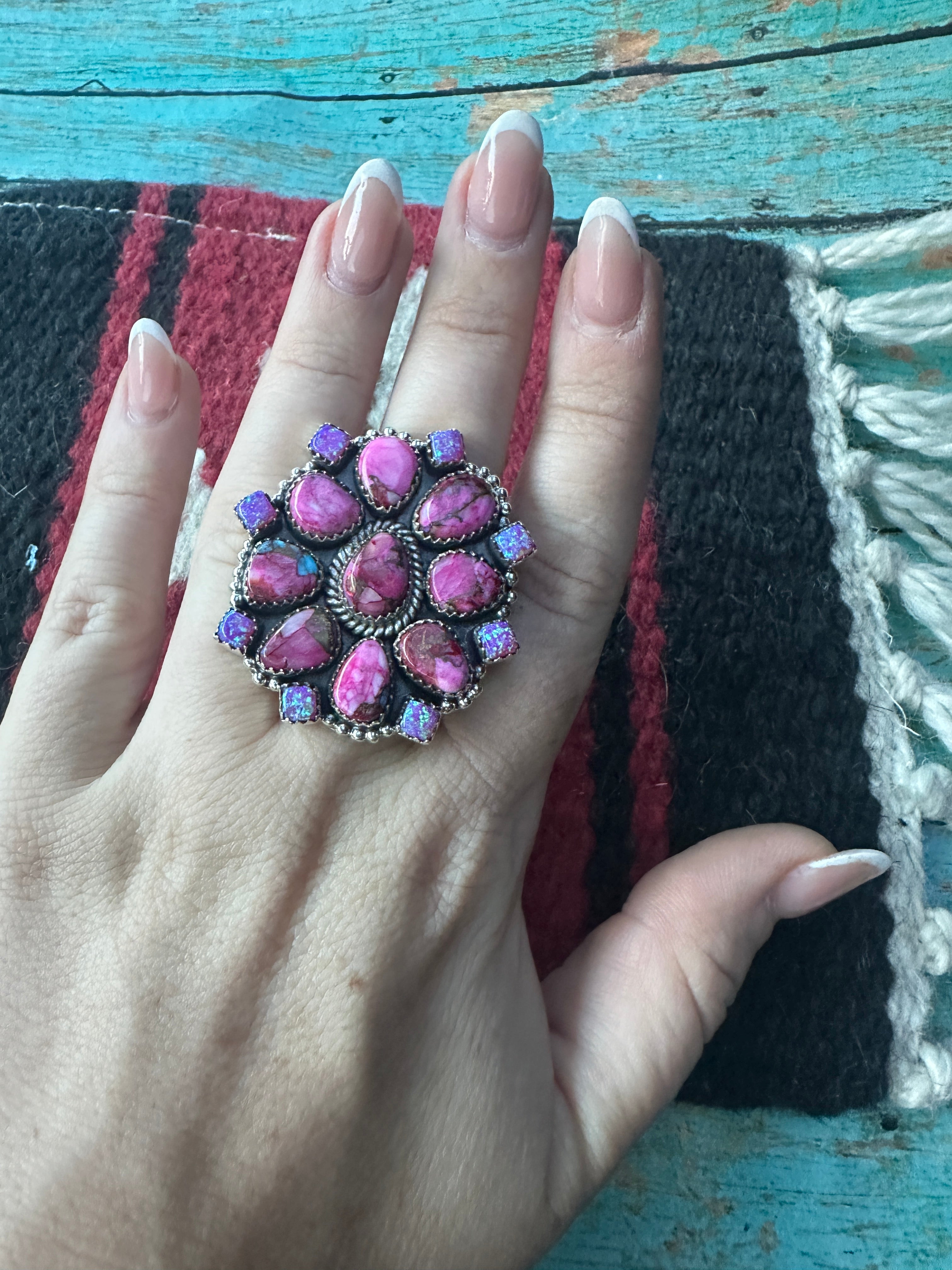 Beautiful Handmade Pink Dream Mojave, Fire Opal  And Sterling Silver Adjustable Cluster Ring