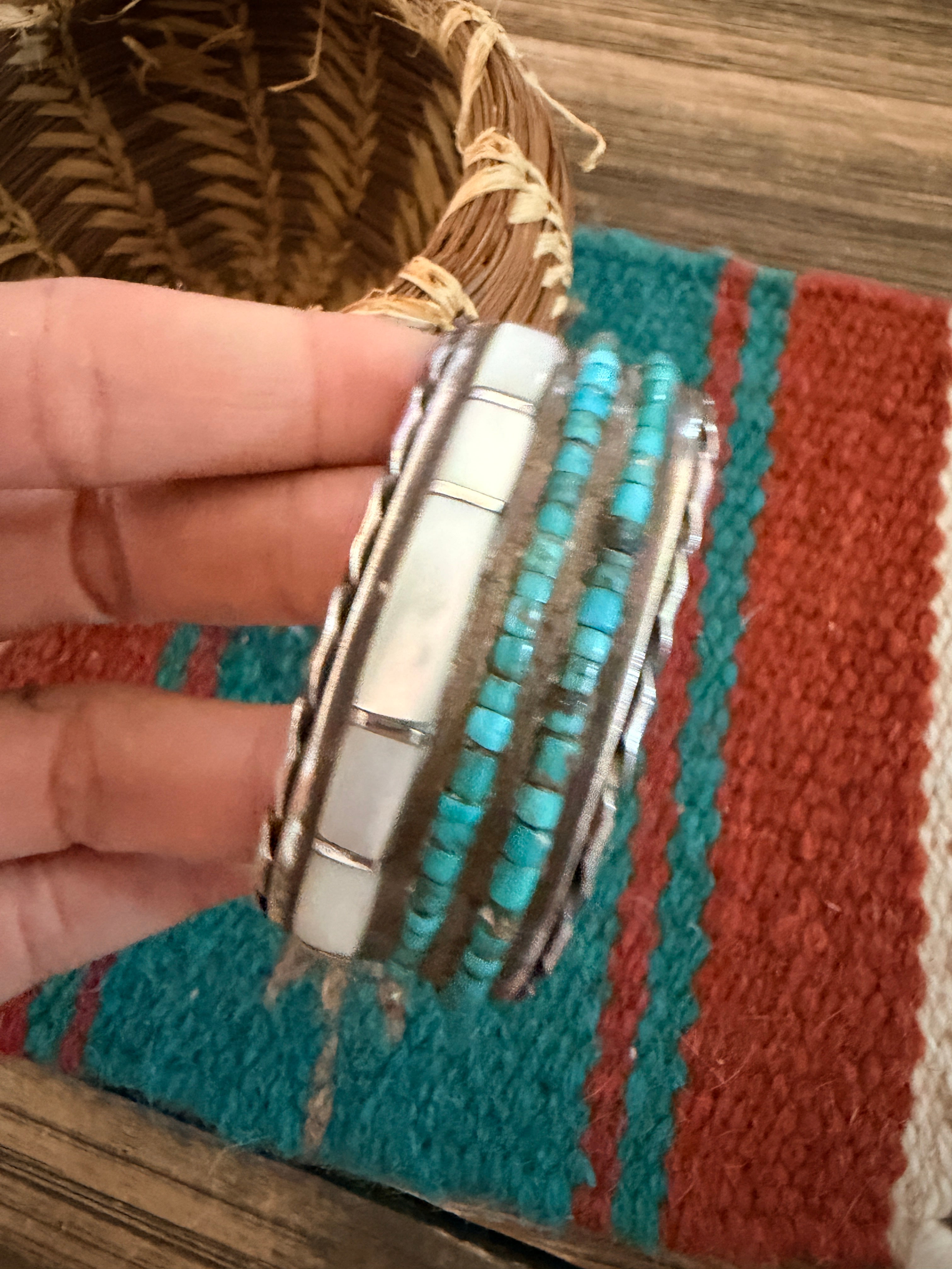 Handcrafted Old Pawn Sterling Silver, Turquoise & Mother of Pearl Inlay Cuff Bracelet