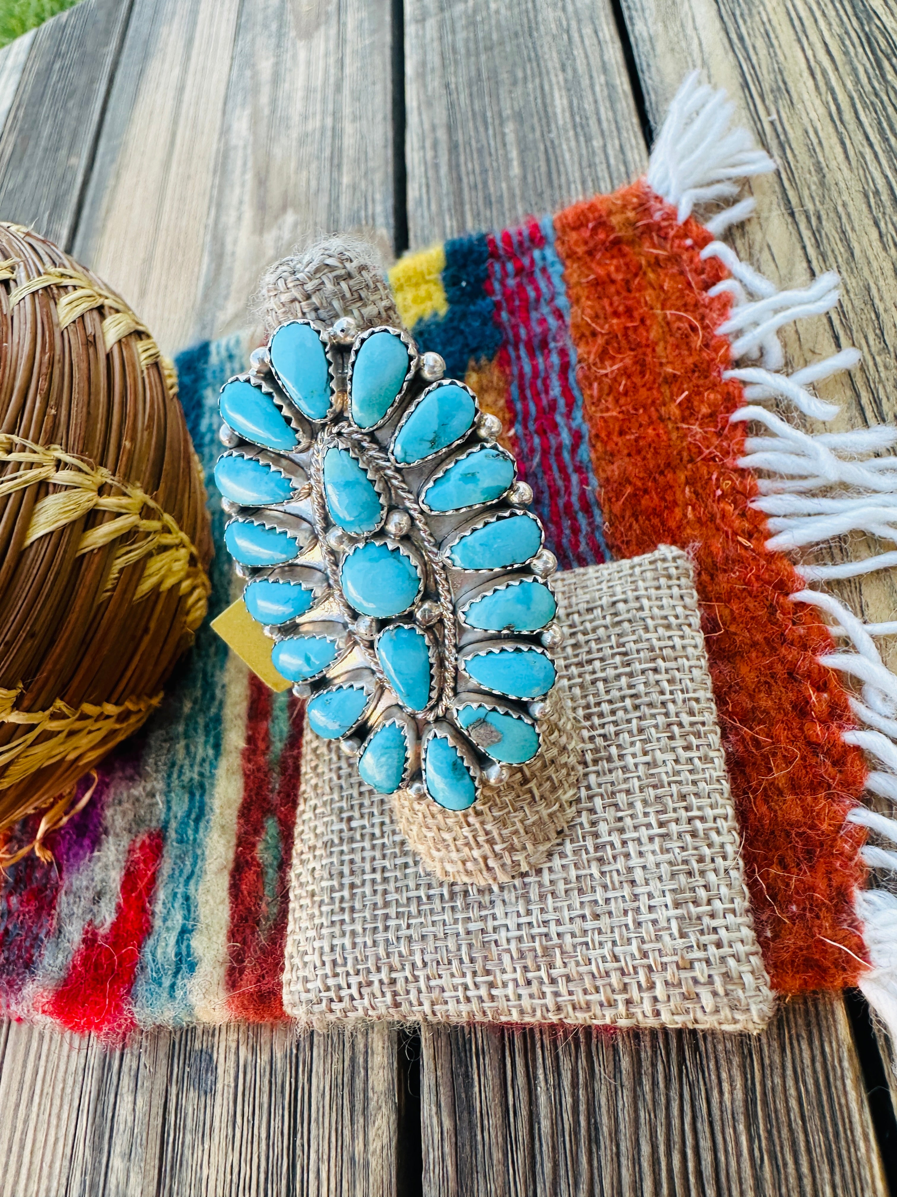 Old Pawn Handcrafted Sleeping Beauty Turquoise & Sterling Silver Cluster Ring Size 9