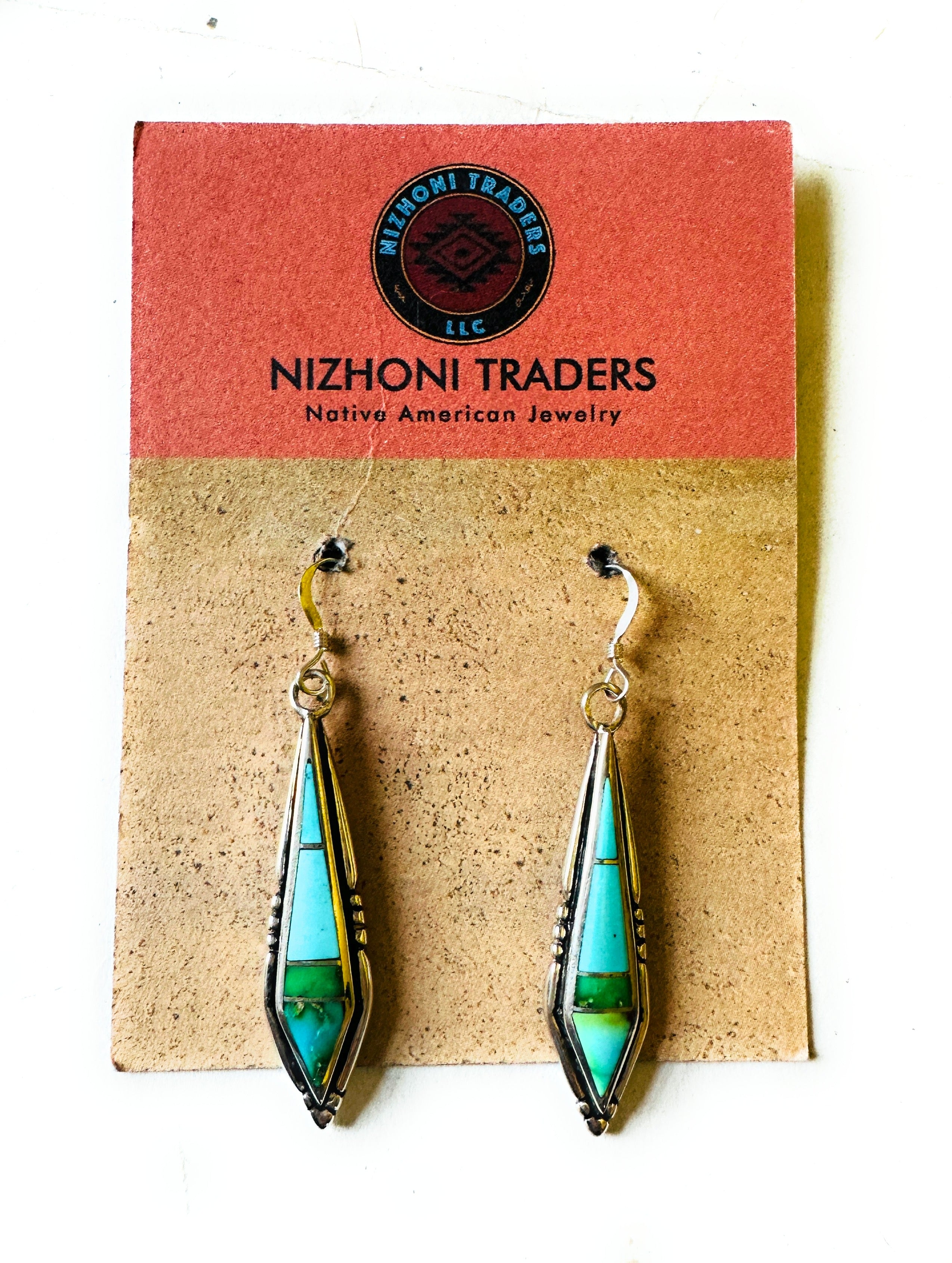 Navajo Sonoran Mountain Turquoise And Sterling Silver Inlay Dangle Earrings