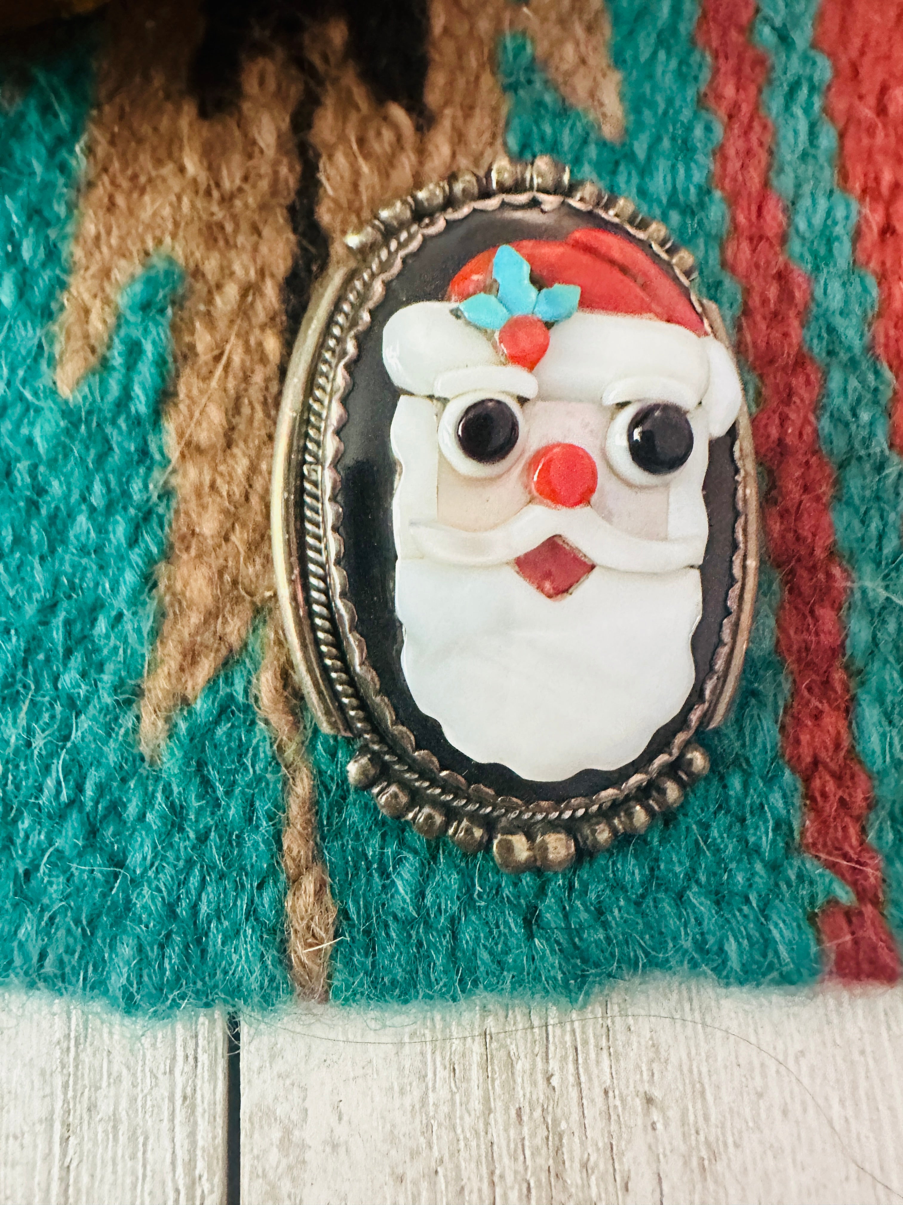 Vintage Zuni Multi Stone & Sterling Silver Inlay Santa Clause Brooch