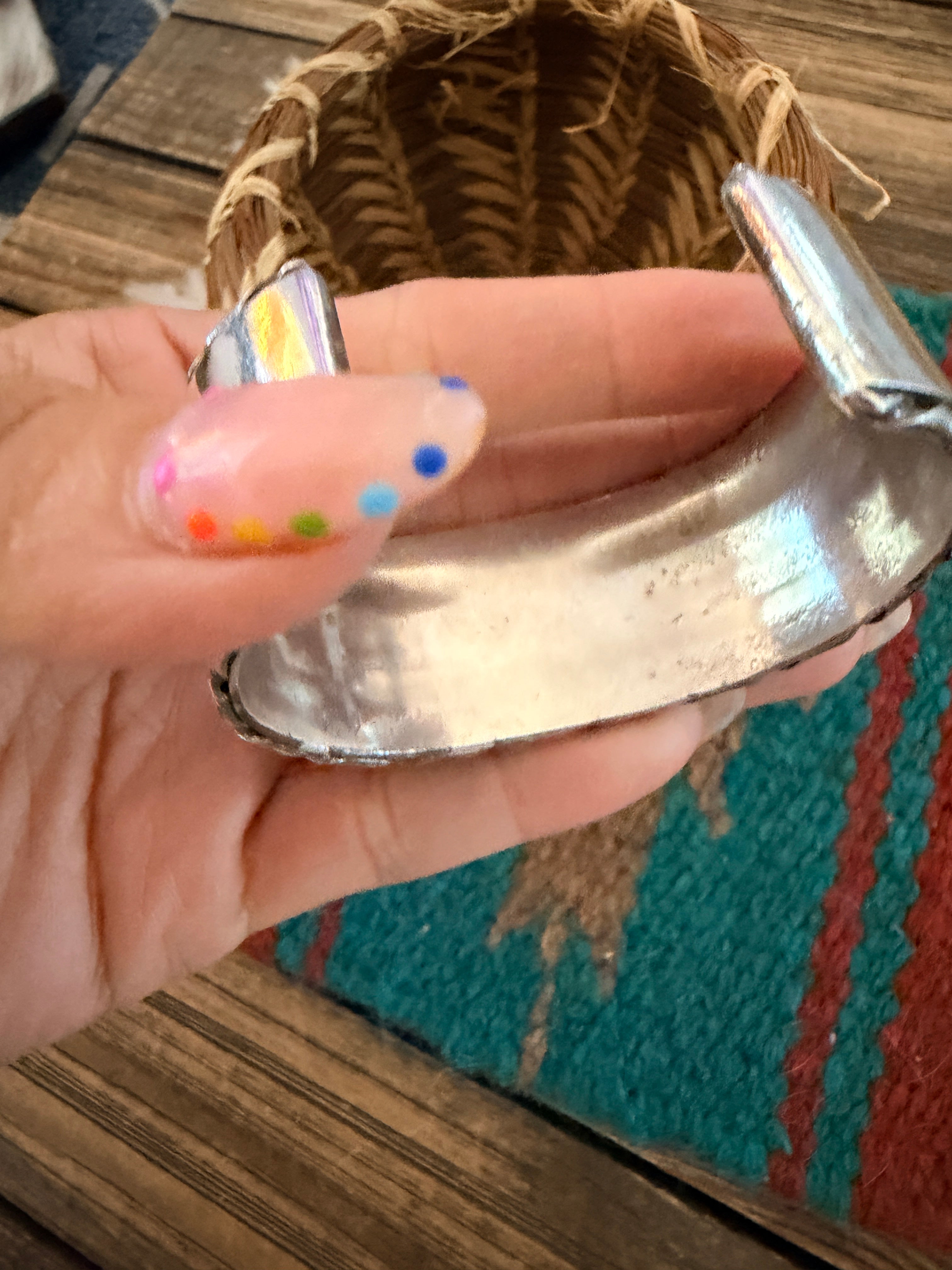 Handcrafted Old Pawn Sterling Silver, Turquoise & Mother of Pearl Inlay Cuff Bracelet