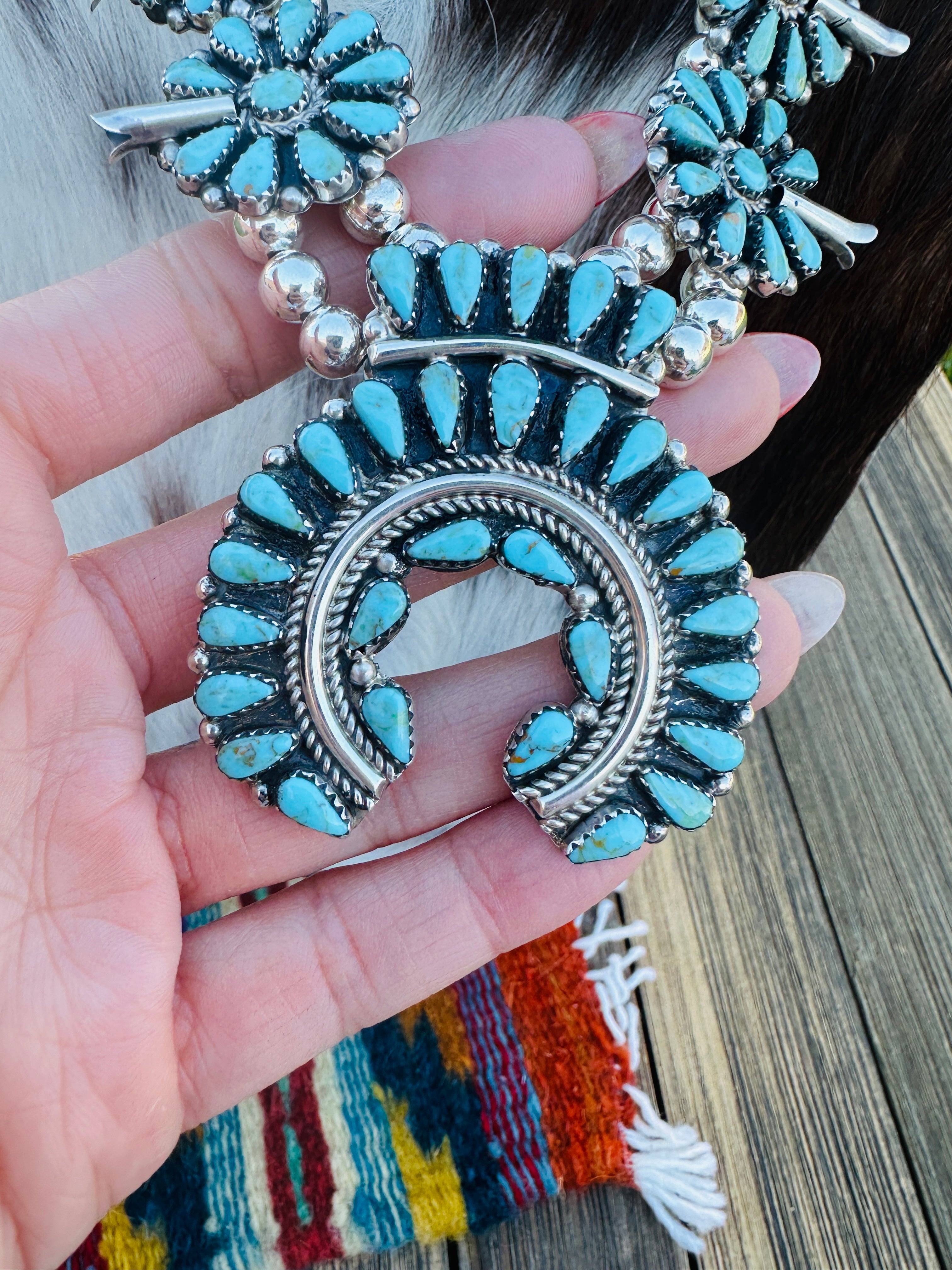 Old Pawn Handcrafted Turquoise & Sterling Silver Squash Blossom Necklace