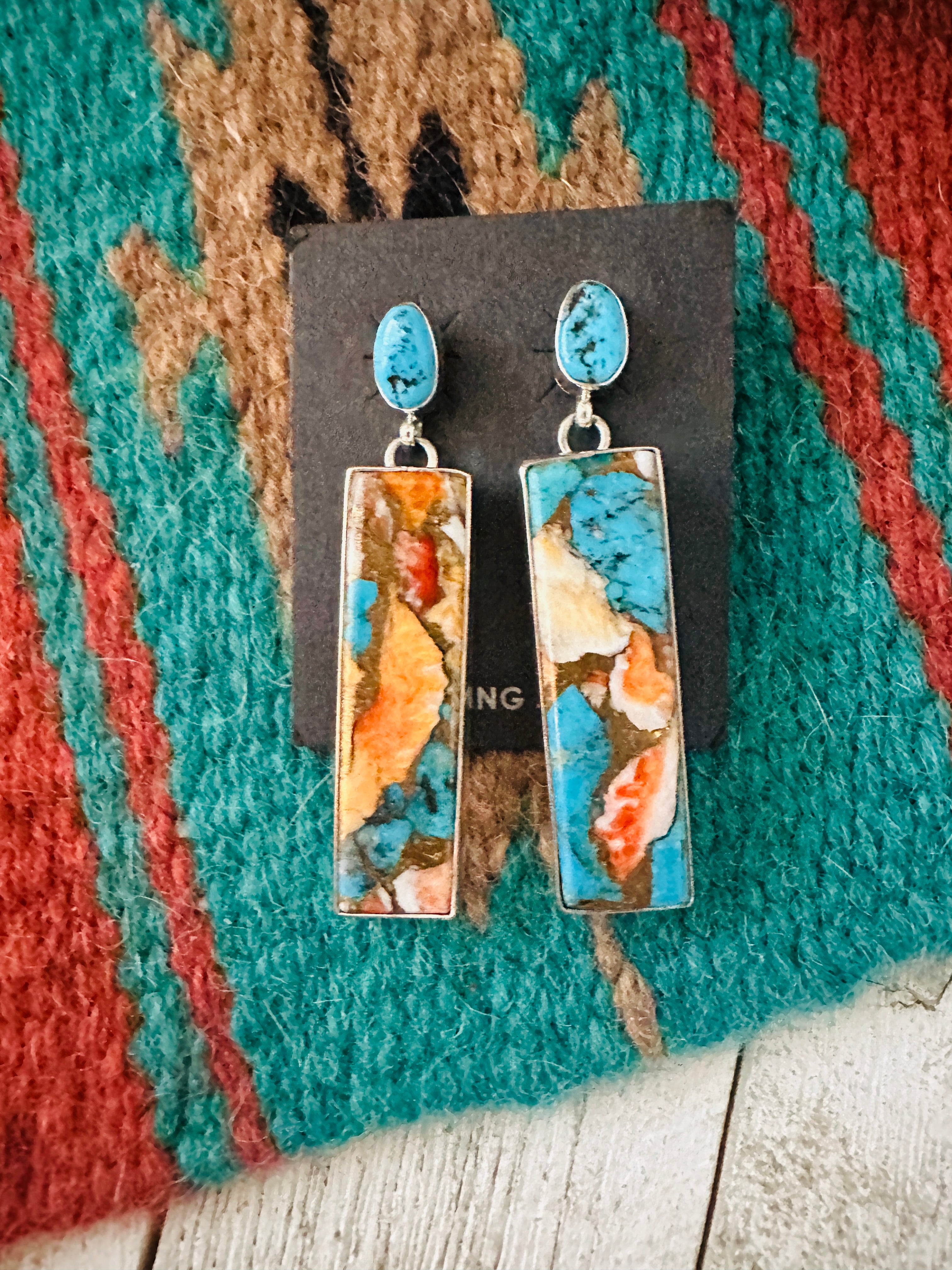 Navajo Sterling Silver, Turquoise & Spice Slab Dangle Earrings