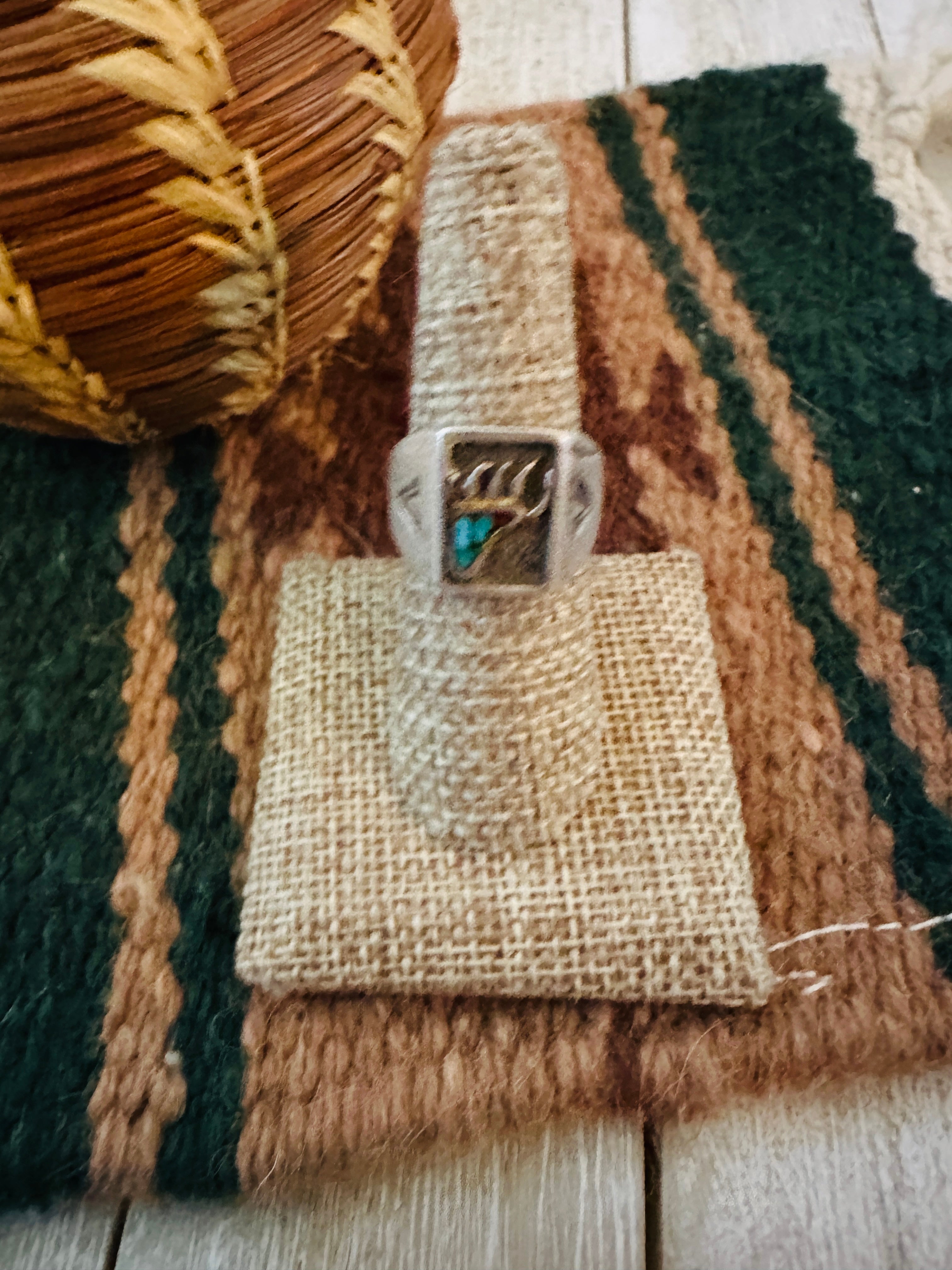 Old Pawn Handcrafted Turquoise & Sterling Silver Bear Paw Ring Size 7.25