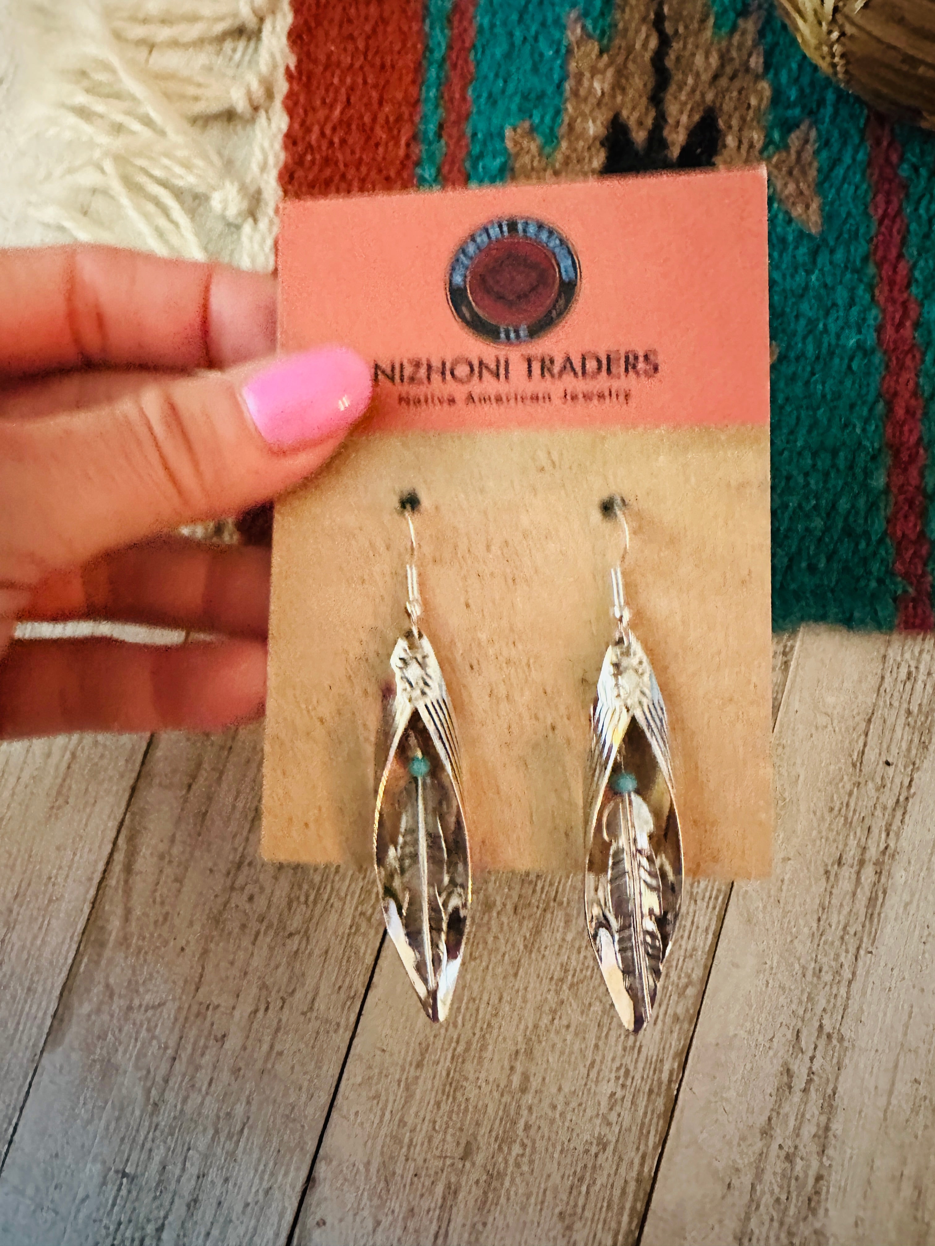 Navajo Turquoise & Sterling Silver Feather Dangle Earrings