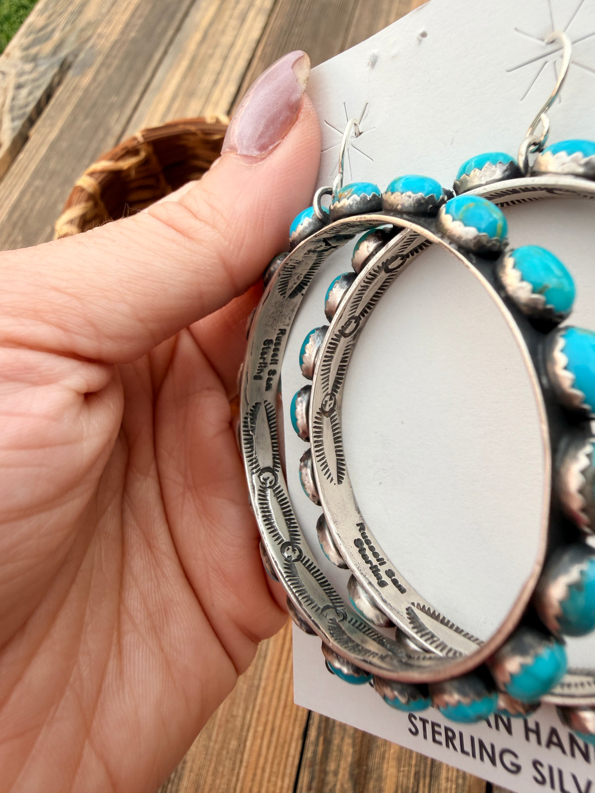 Handcrafted Turquoise & Sterling Silver Dangle Hoop Earrings by Russell Sam