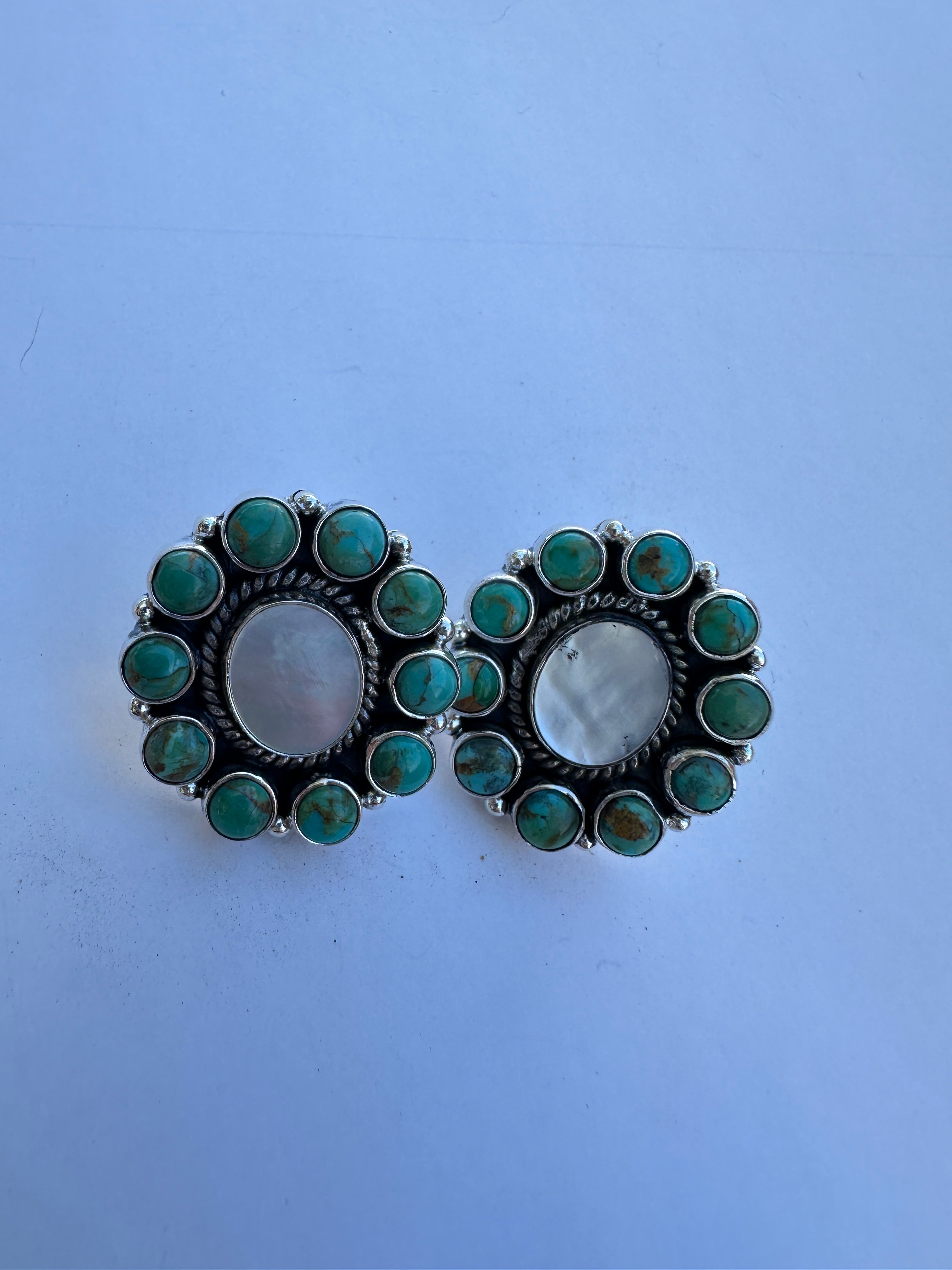 Handmade Turquoise, Mother of Pearl and Sterling Silver Post Earrings