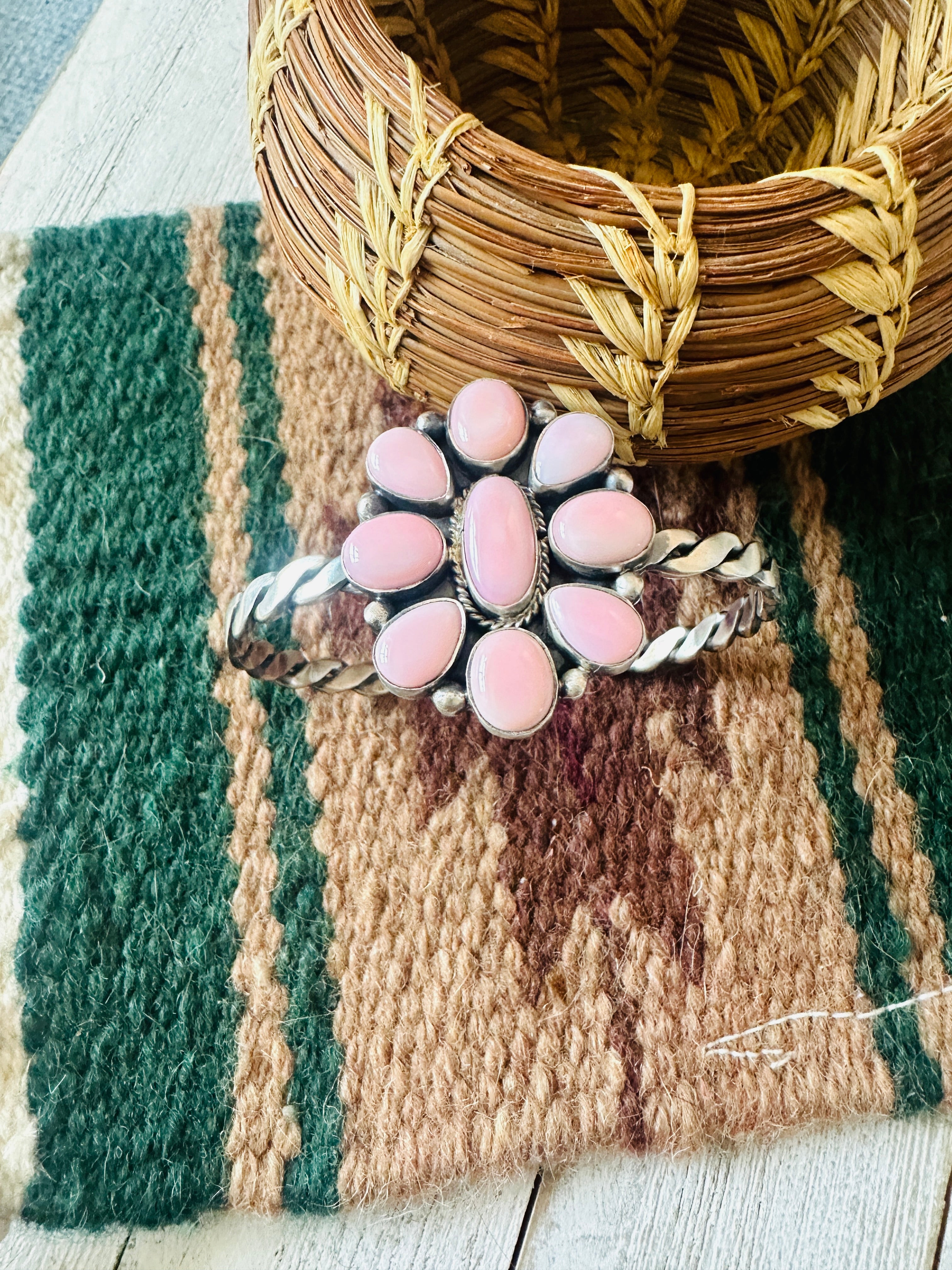 Navajo Queen Pink Conch Shell & Sterling Silver Cluster Cuff Bracelet