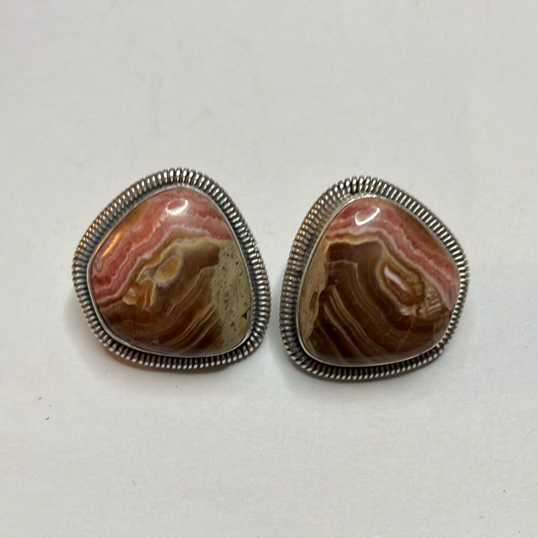 Navajo Sterling Silver & Rhodochrosite Stone Post Earrings