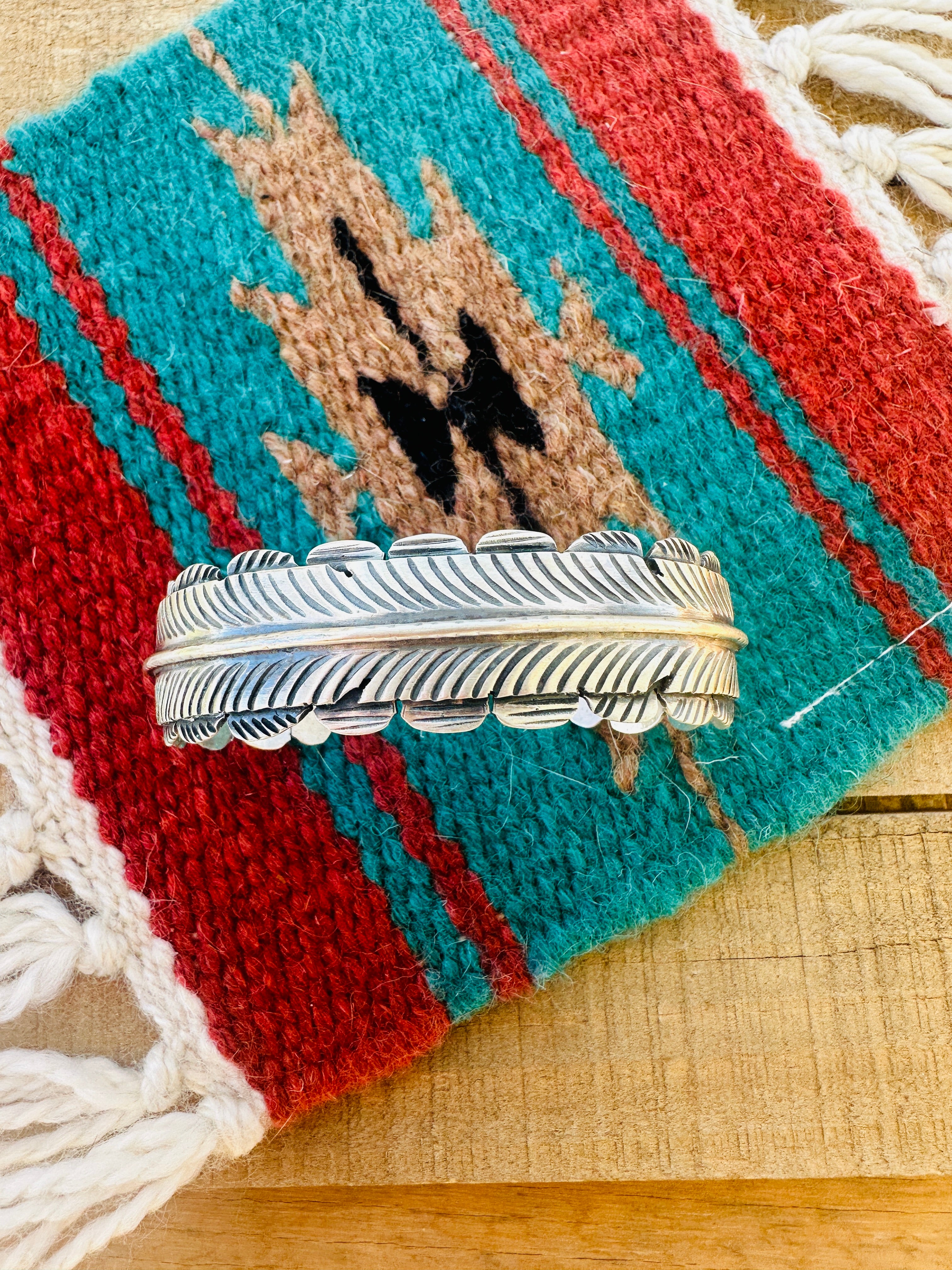 Navajo Hand Stamped Sterling Silver Feather Cuff Bracelet