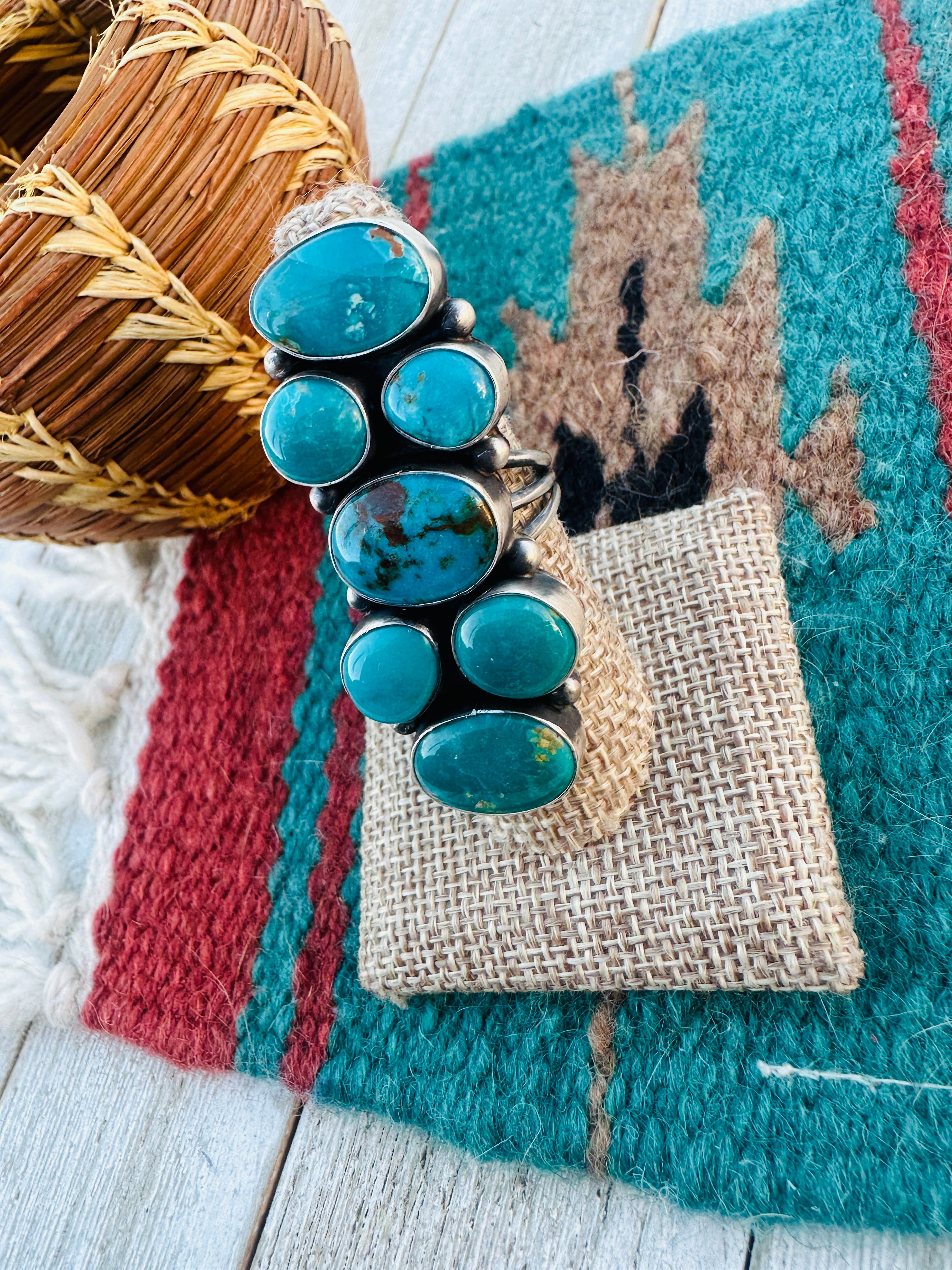 Old Pawn Handcrafted Turquoise & Sterling Silver Cluster Ring Size 8