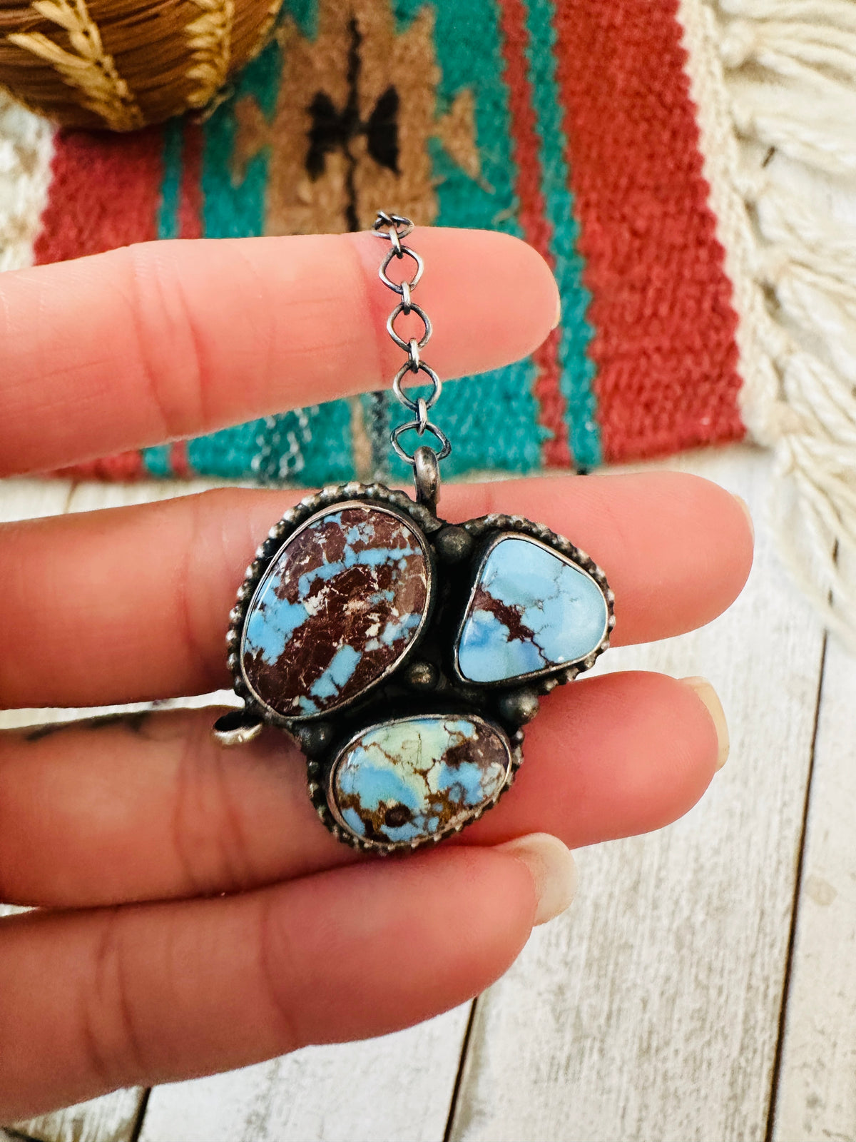 Handcrafted Sterling Silver & Golden Hills Turquoise 3 Stone Necklace