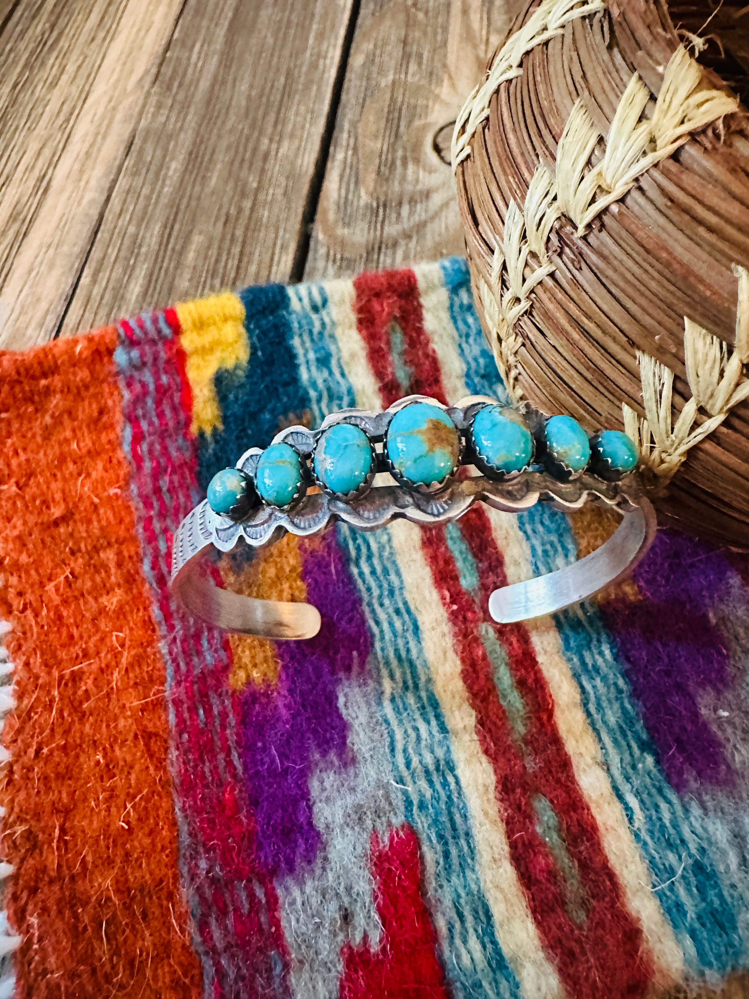 Handcrafted Sterling Silver & Turquoise Cuff Bracelet by Russell Sam