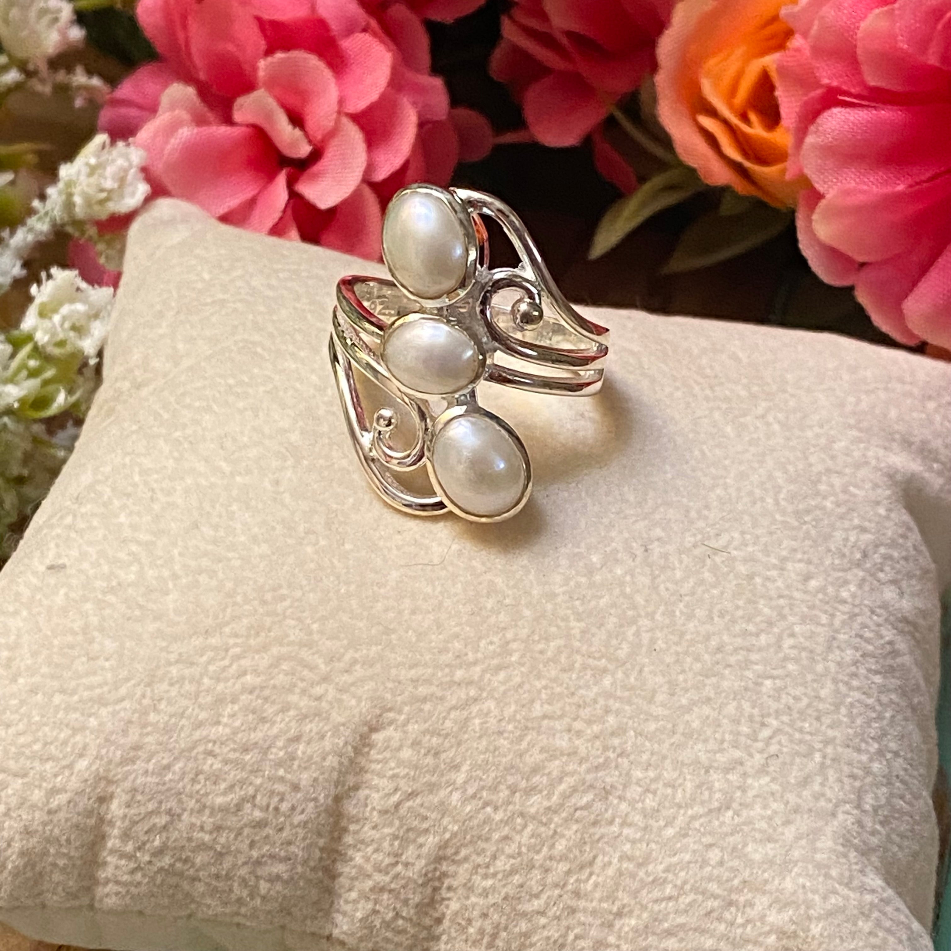 Sterling Silver Intricate Etched Three Stone Pearl Ring