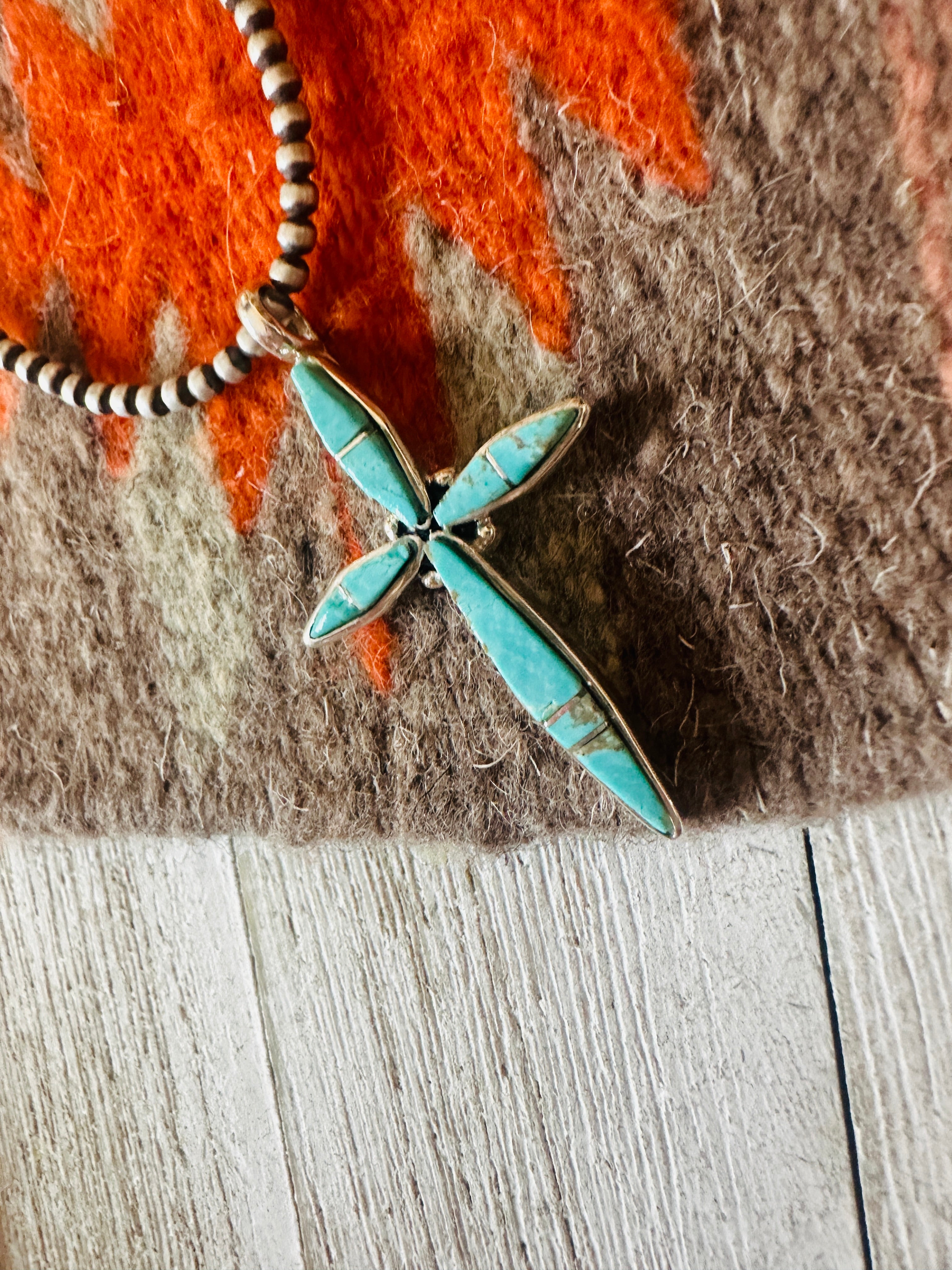 Navajo Turquoise & Sterling Silver Inlay Cross Pendant