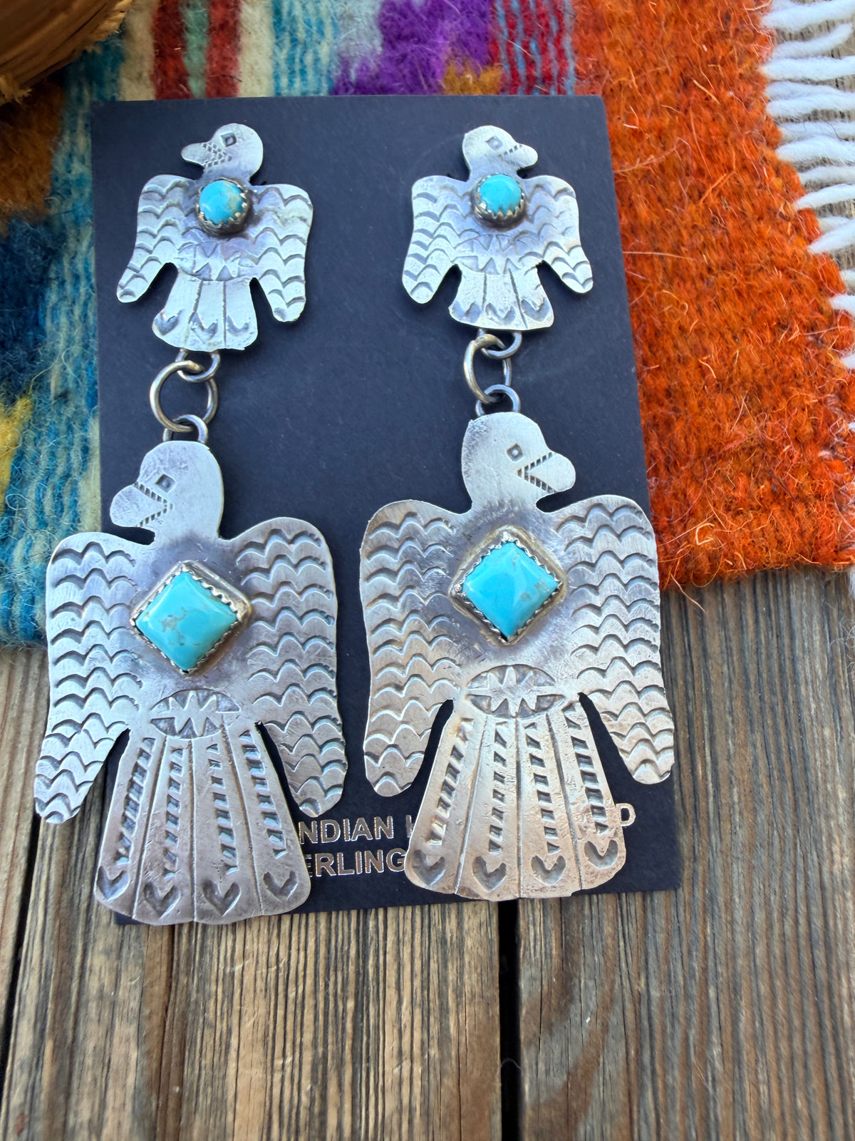 Handcrafted Sterling Silver & Turquoise Thunderbird Dangle Earrings by Gabrielle Yazzie