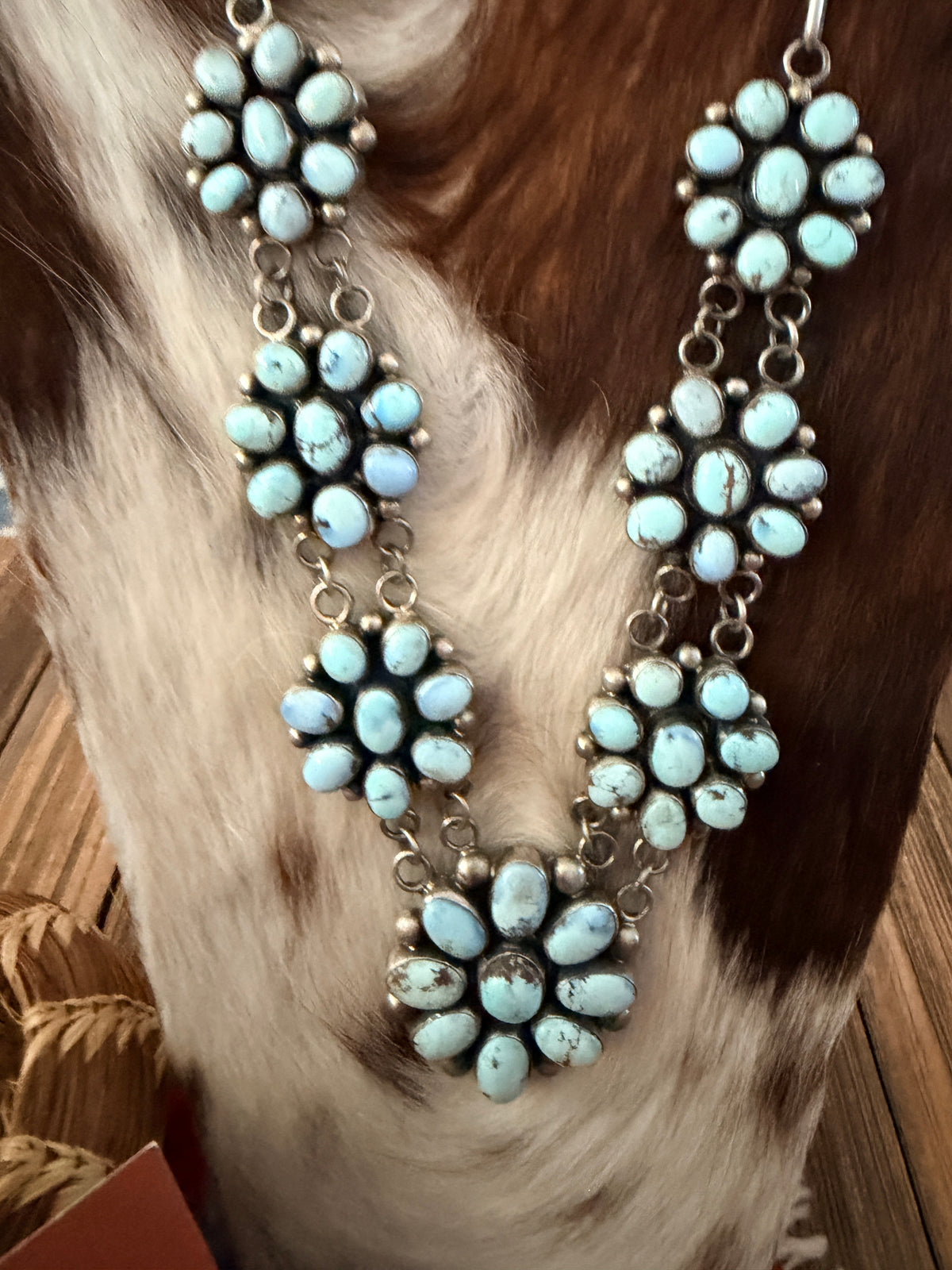 Handcrafted Golden Hills Turquoise & Sterling Silver Cluster Necklace and Earring Set by Kathleen Chavez