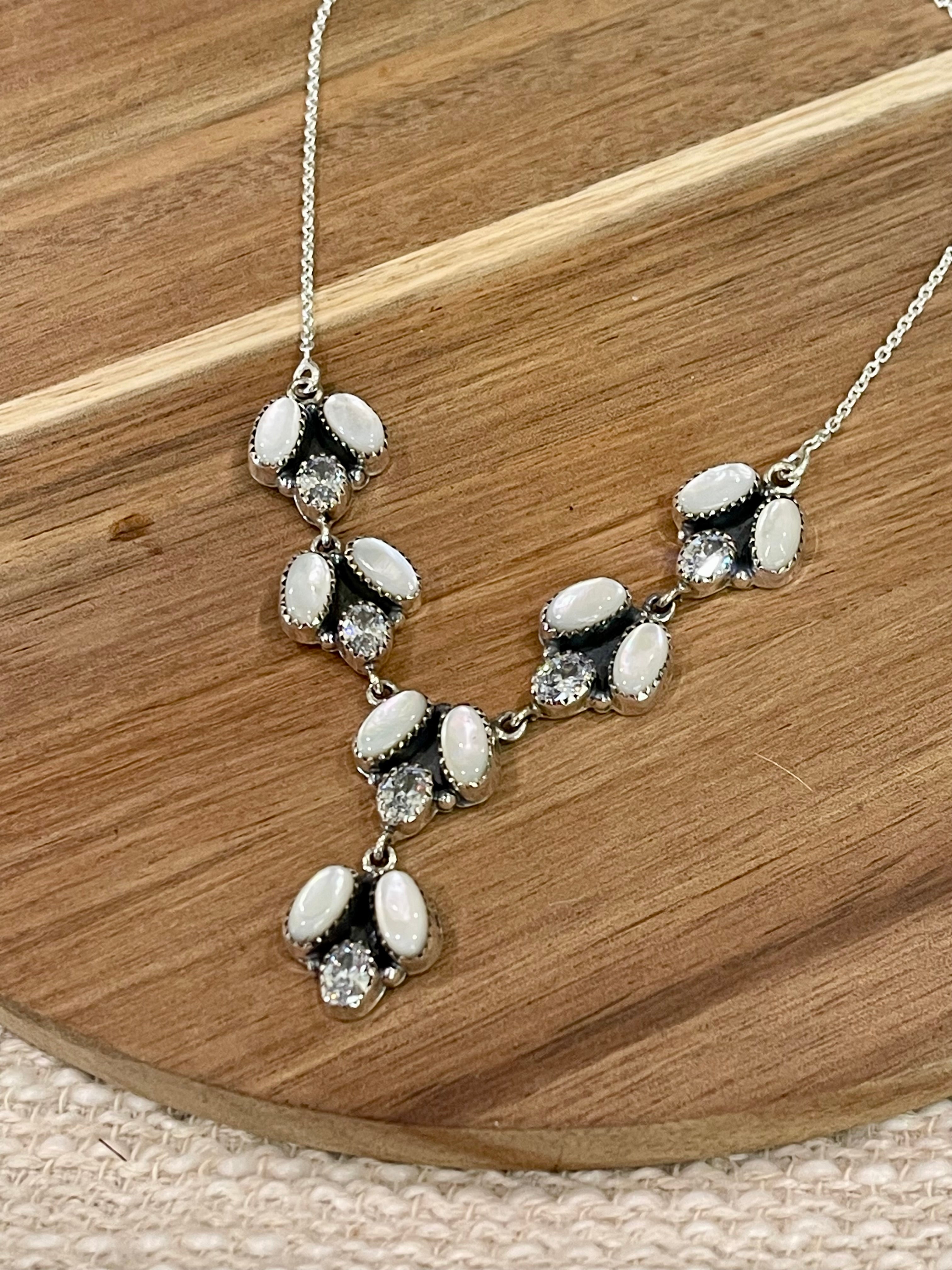 Handmade Mother of Pearl, Sterling Silver & Cubic Zirconia Necklace