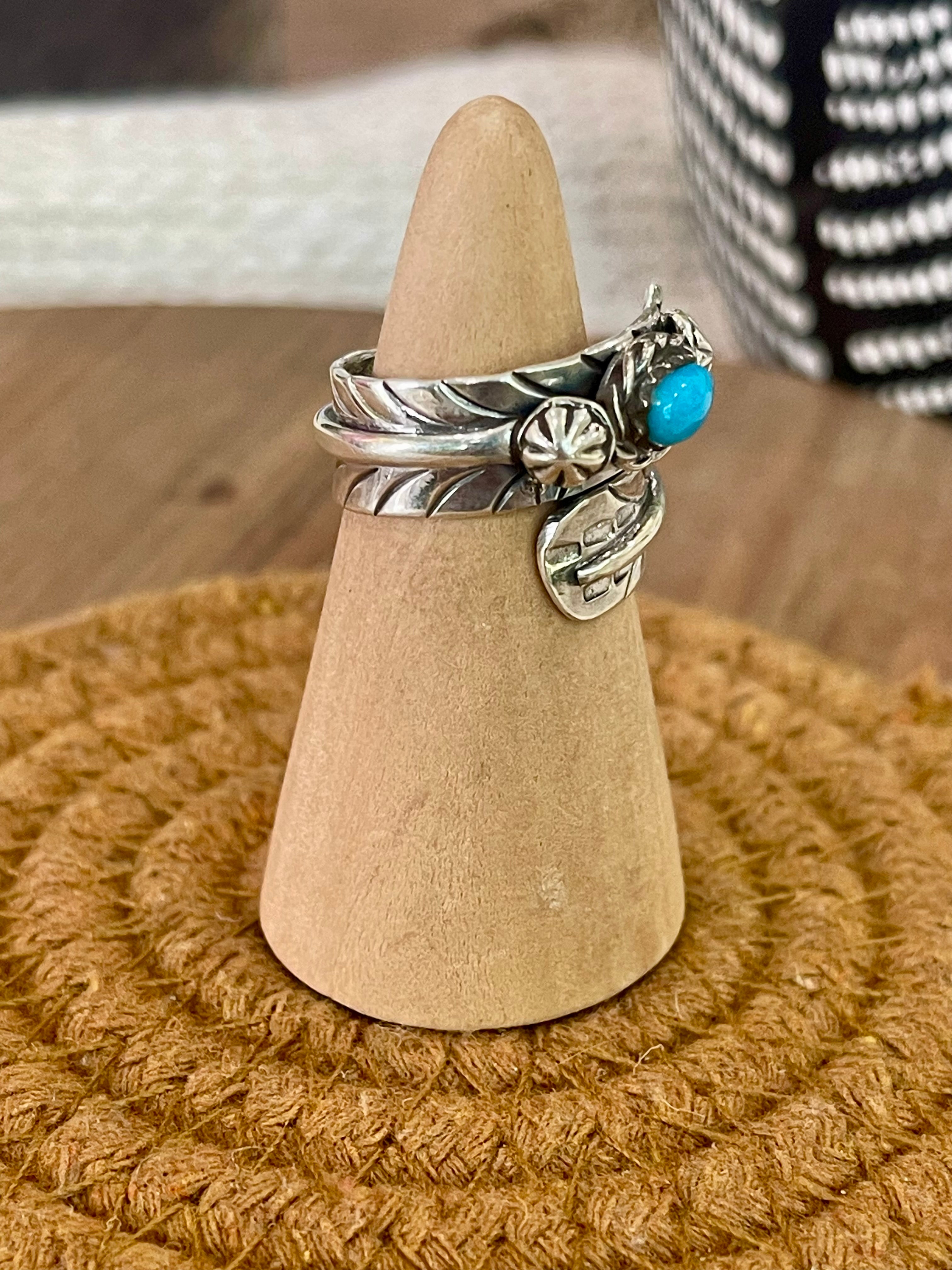 Handmade Sterling Silver & Turquoise Adjustable Feather Band Ring