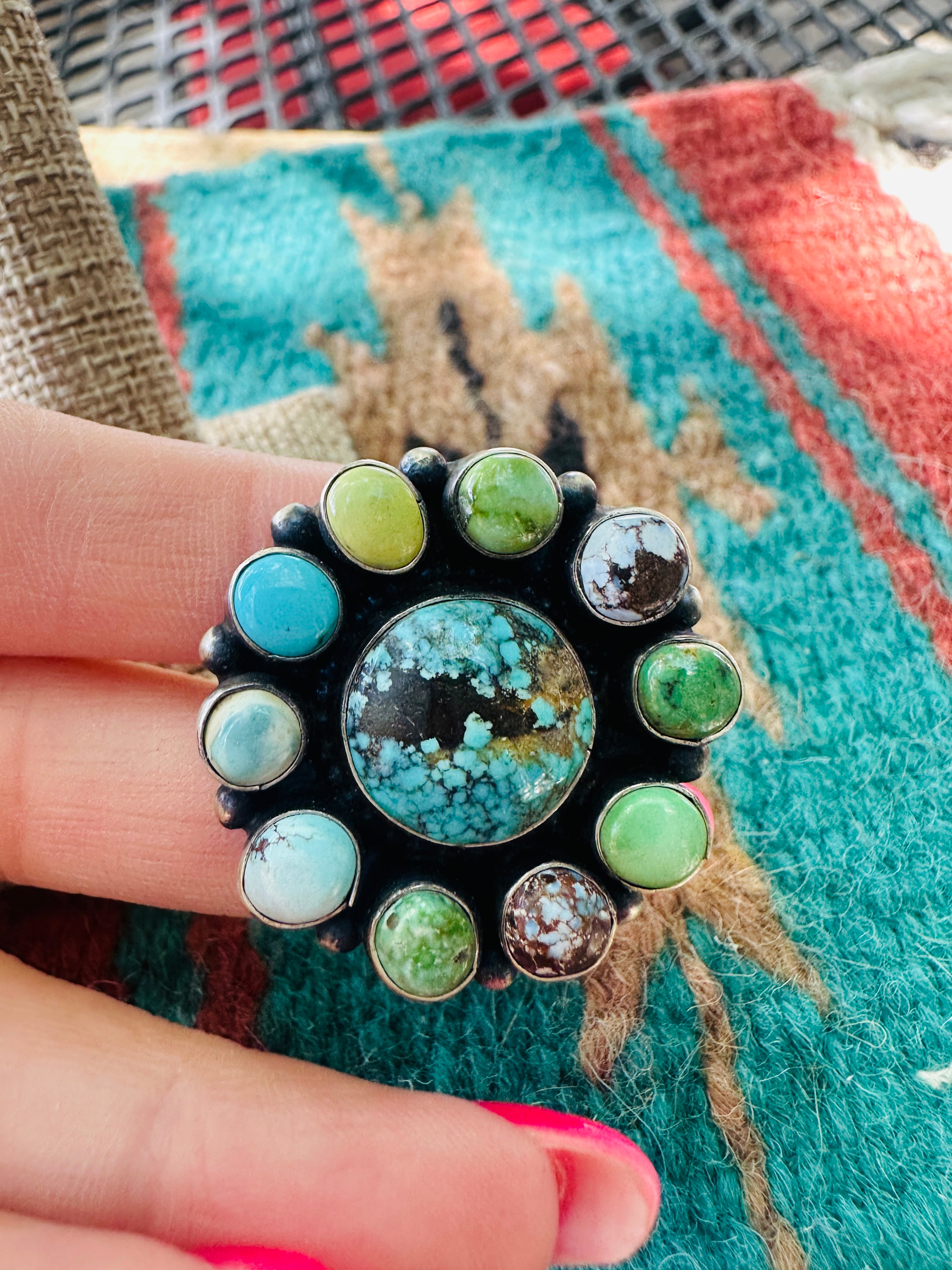 Handcrafted Sterling Silver & Turquoise Cluster Adjustable Ring