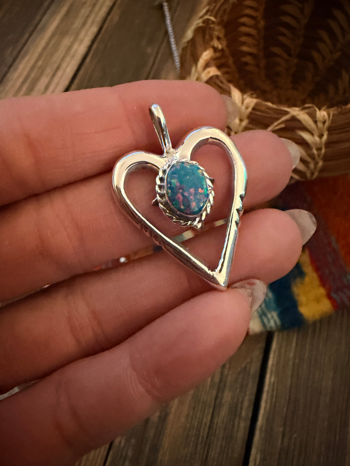 Handcrafted Sterling Silver & Blue Opal Heart Pendant by Joseph Martinez