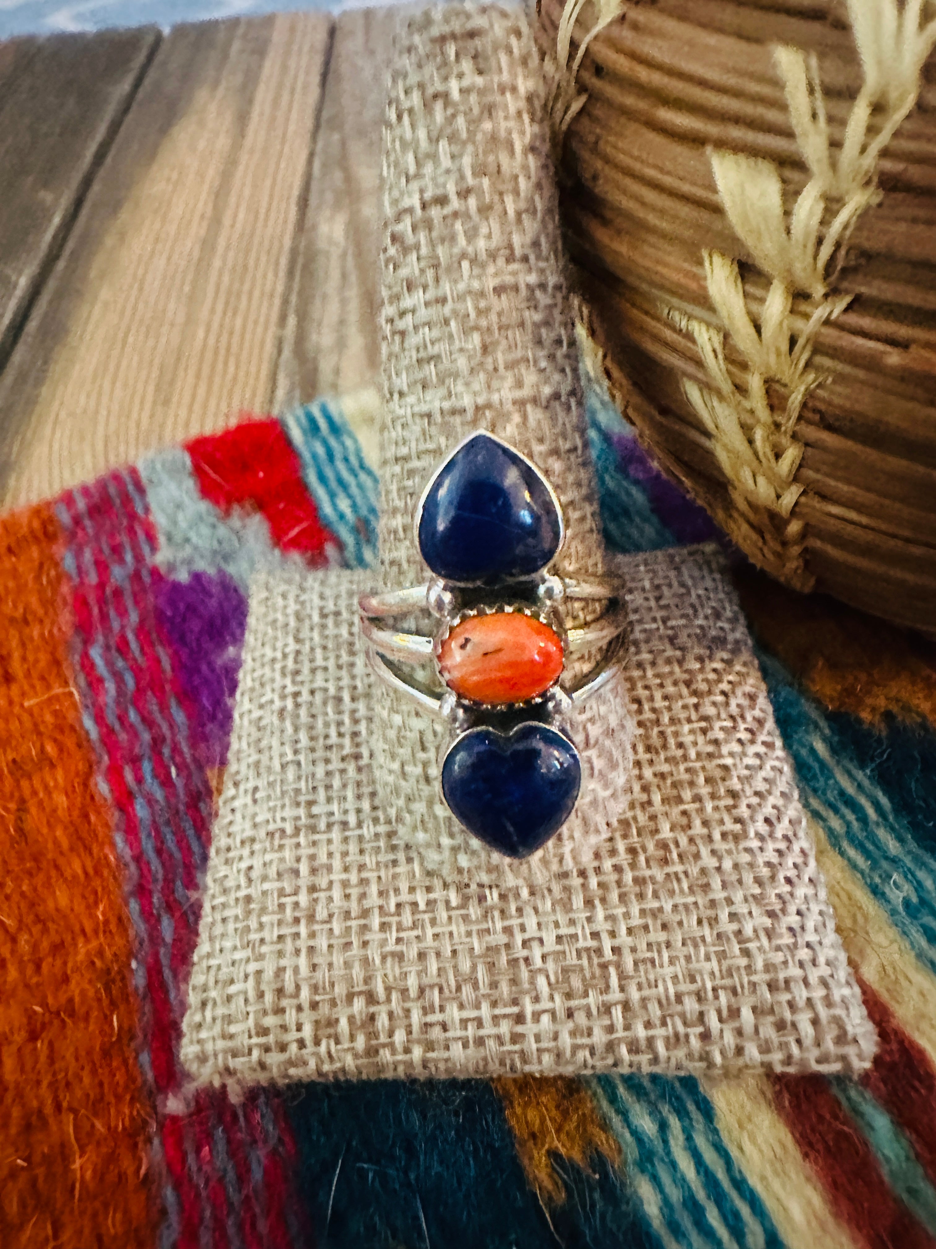 Handcrafted Lapis, Spiny Oyster & Sterling Silver Heart Ring Size 11