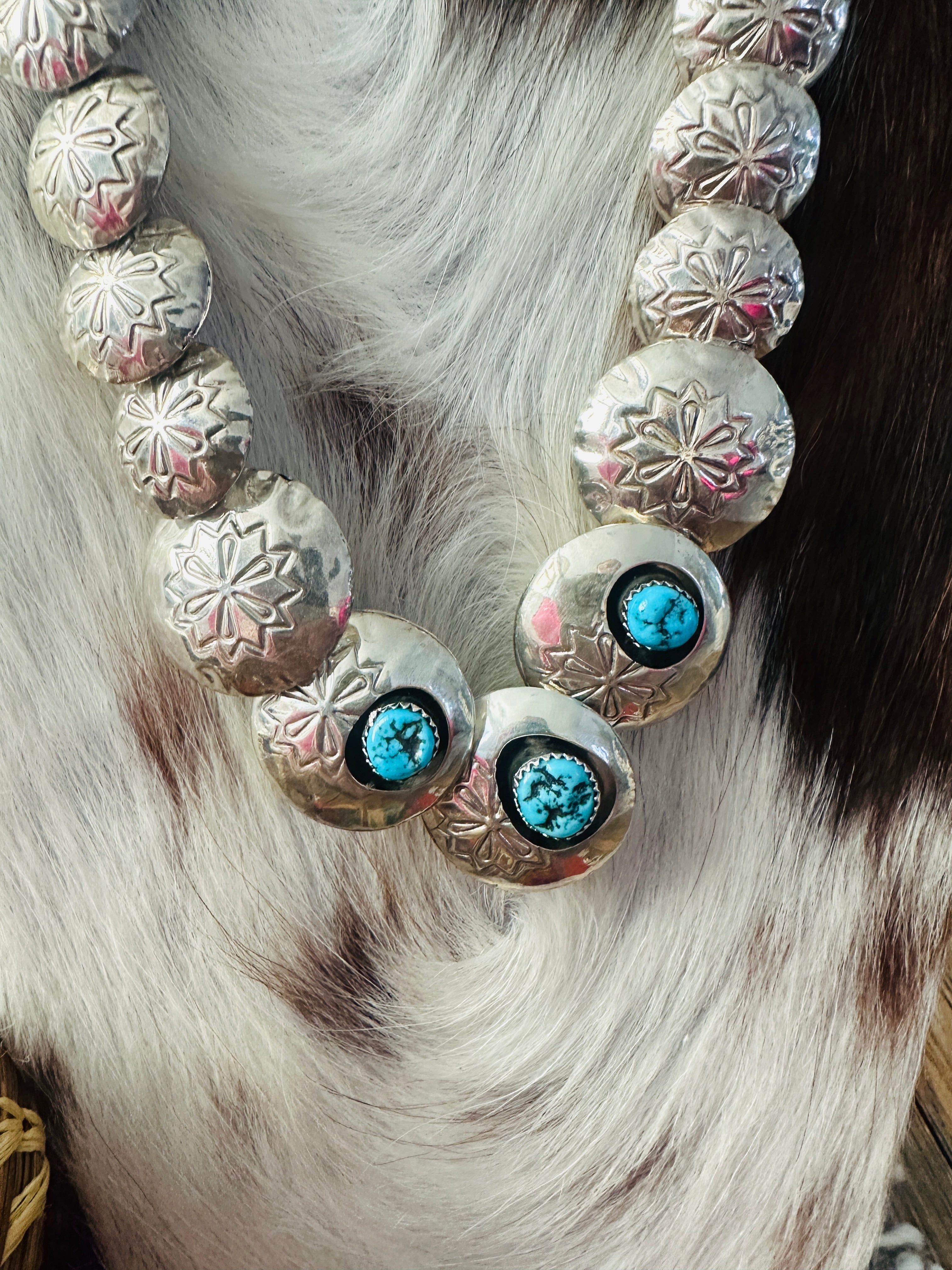 Old Pawn Handcrafted Turquoise, Coral & Sterling Silver Pillow Bead Reversible Necklace