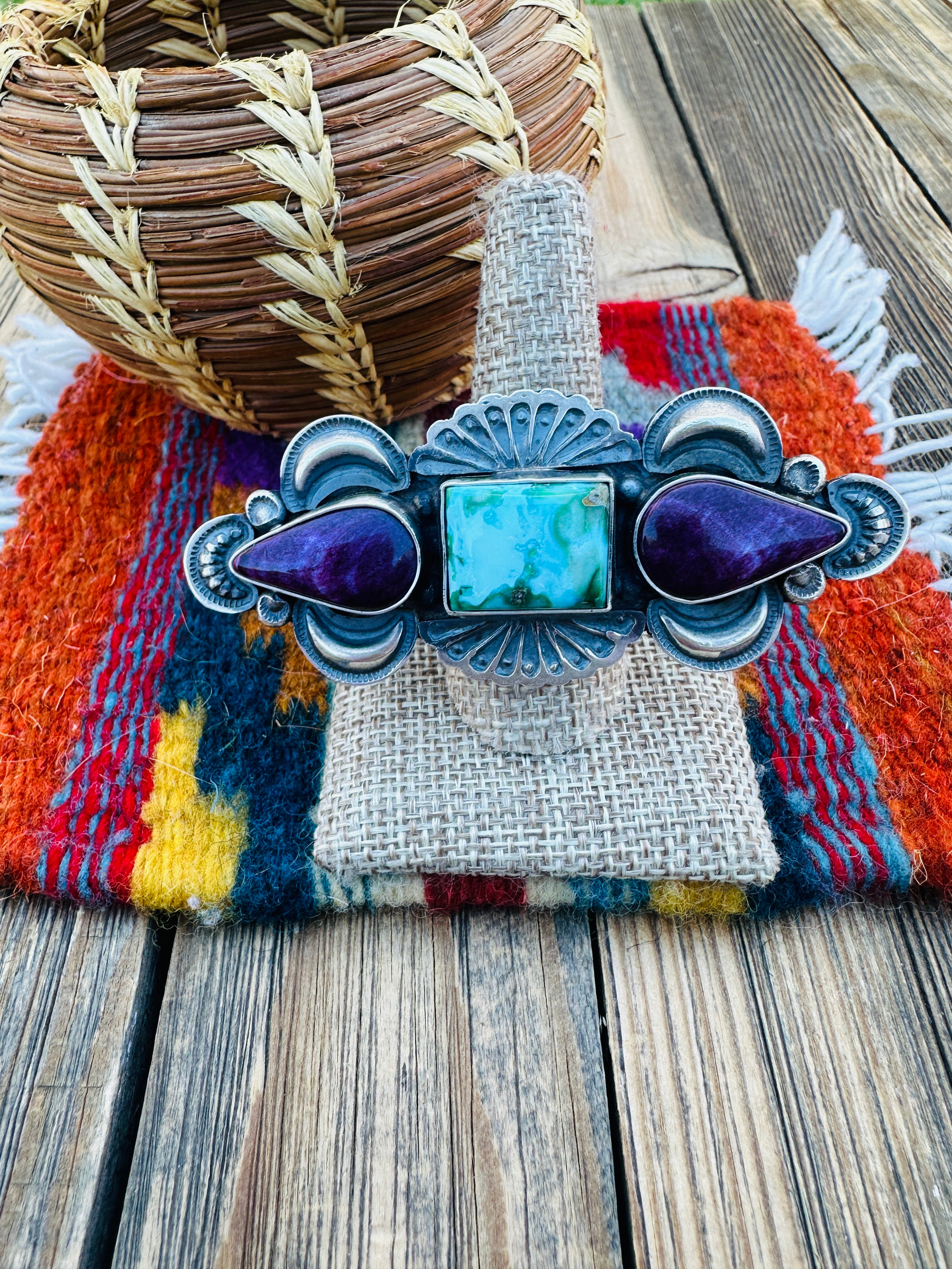 Handcrafted Turquoise, Spiny Oyster & Sterling Silver Adjustable Ring by Leon Martinez