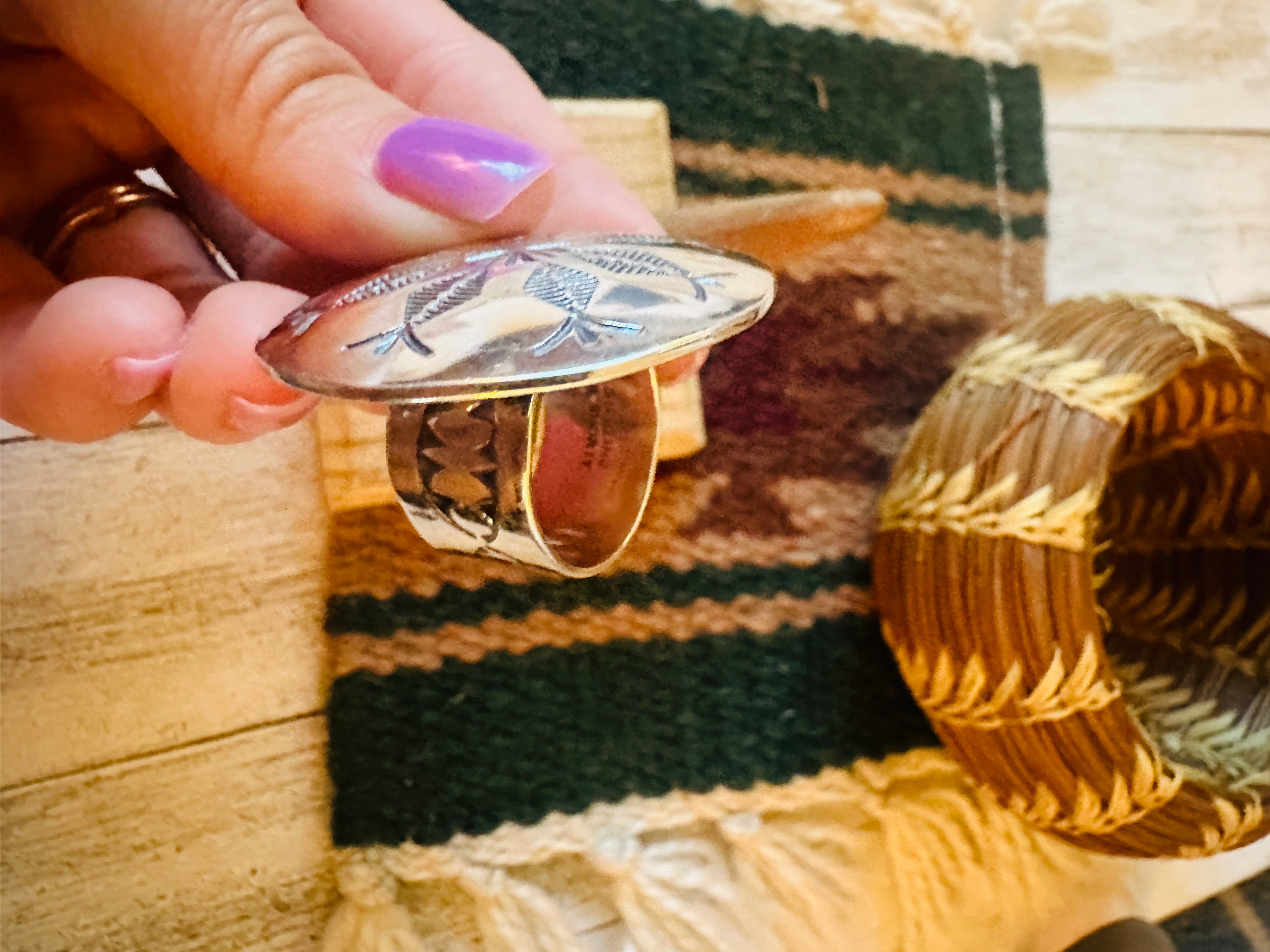 Navajo Hand Stamped Sterling Silver Adjustable Ring