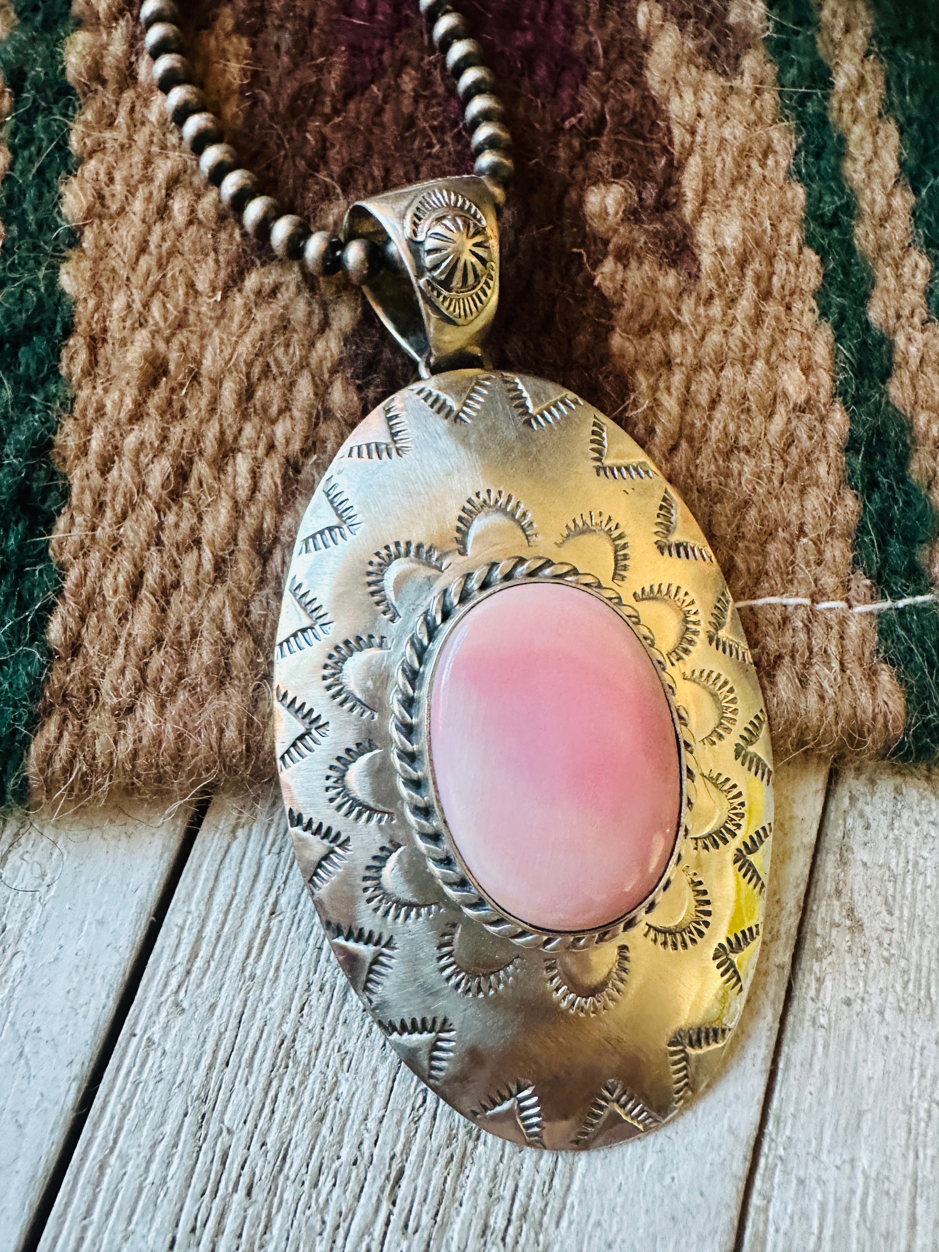 Navajo Queen Pink Conch Shell & Sterling Silver Concho Pendant