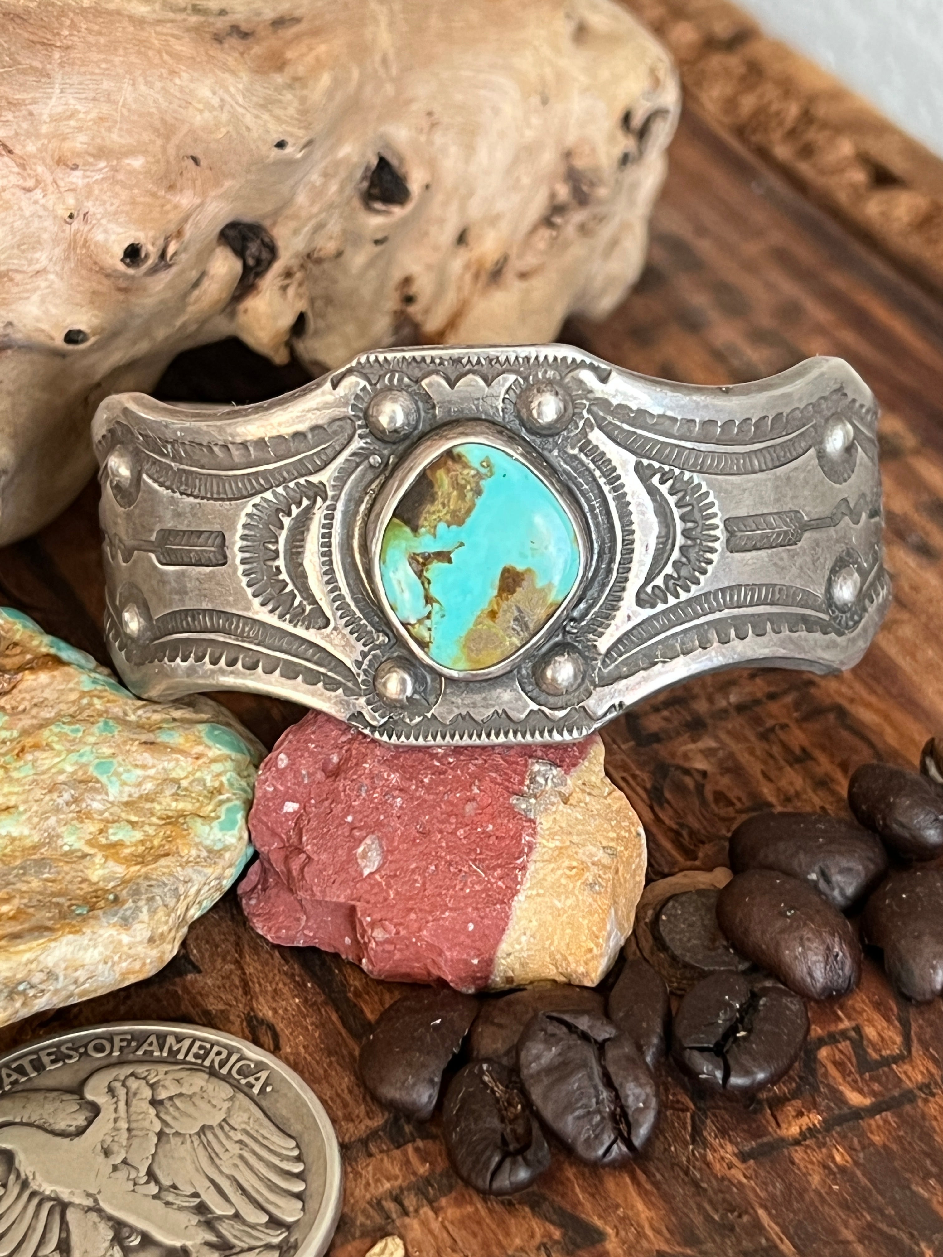 Hand Forged Old Pawn Sterling Silver & Turquoise Ingot Cuff Bracelets by Santa Fe Artist, Buffalo: The Twins