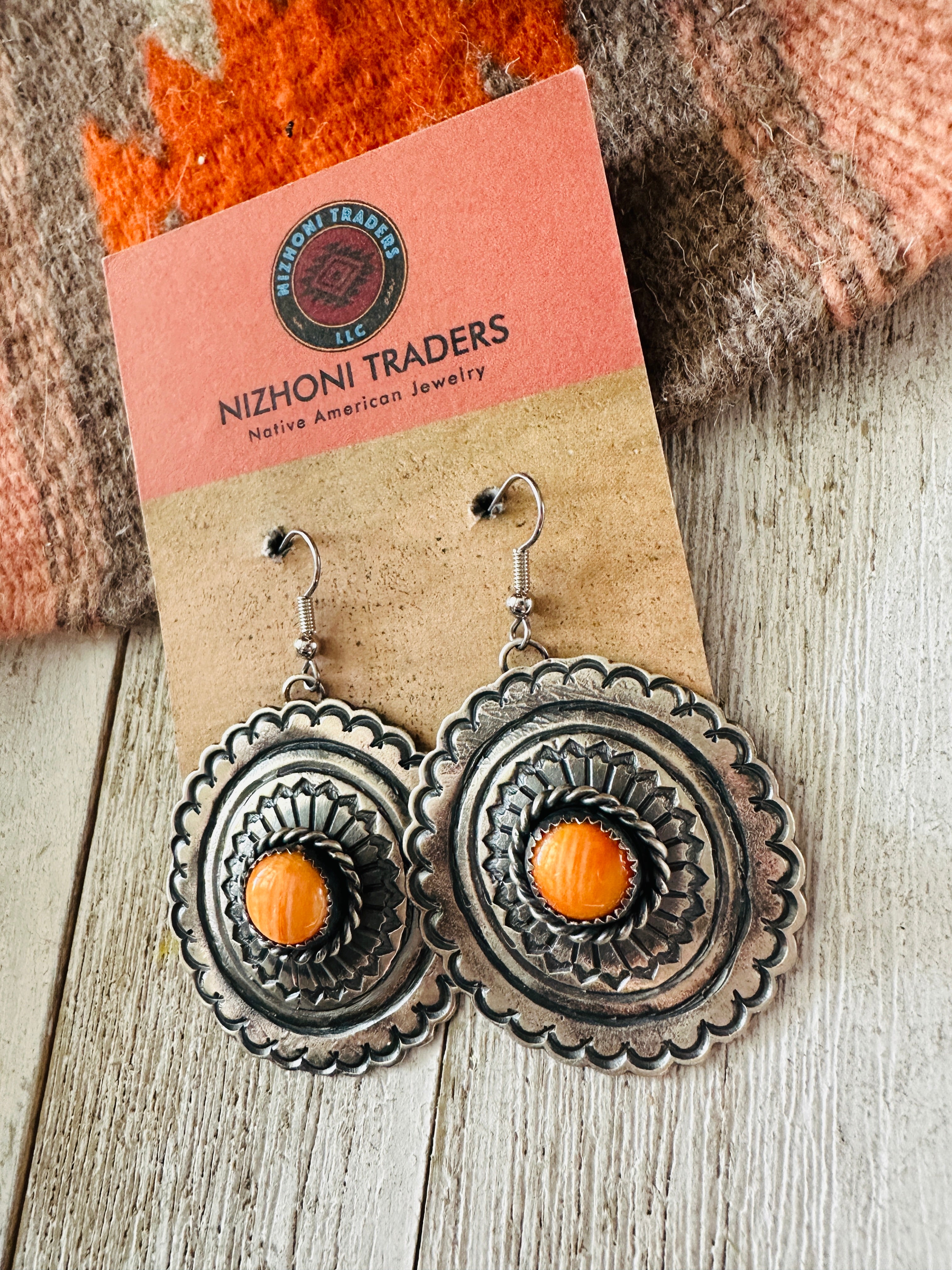 Navajo Orange Spiny and Sterling Silver Concho Dangle Earrings