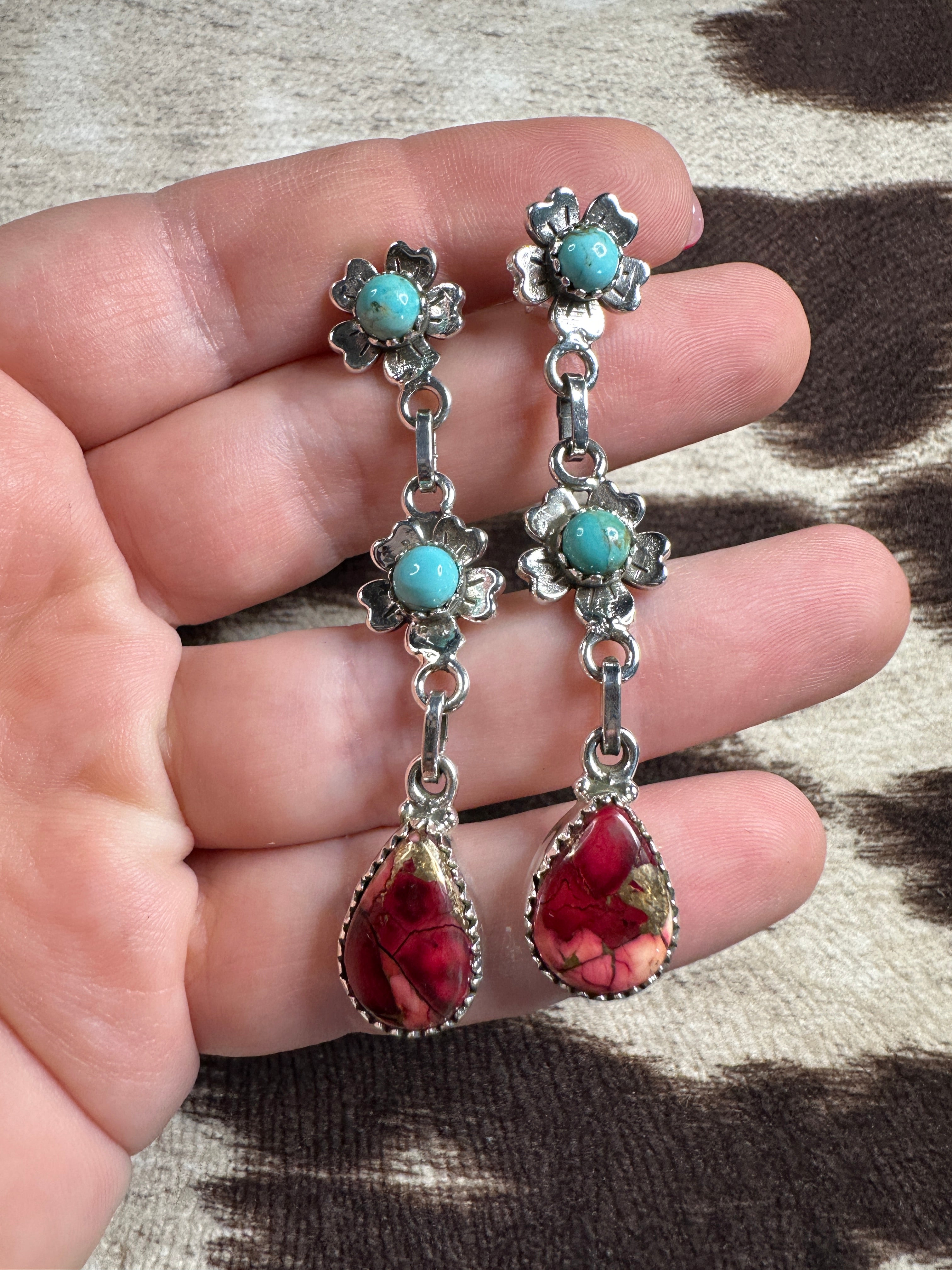 Dahlia Rose & Turquoise Handmade Sterling Silver Flower Dangles