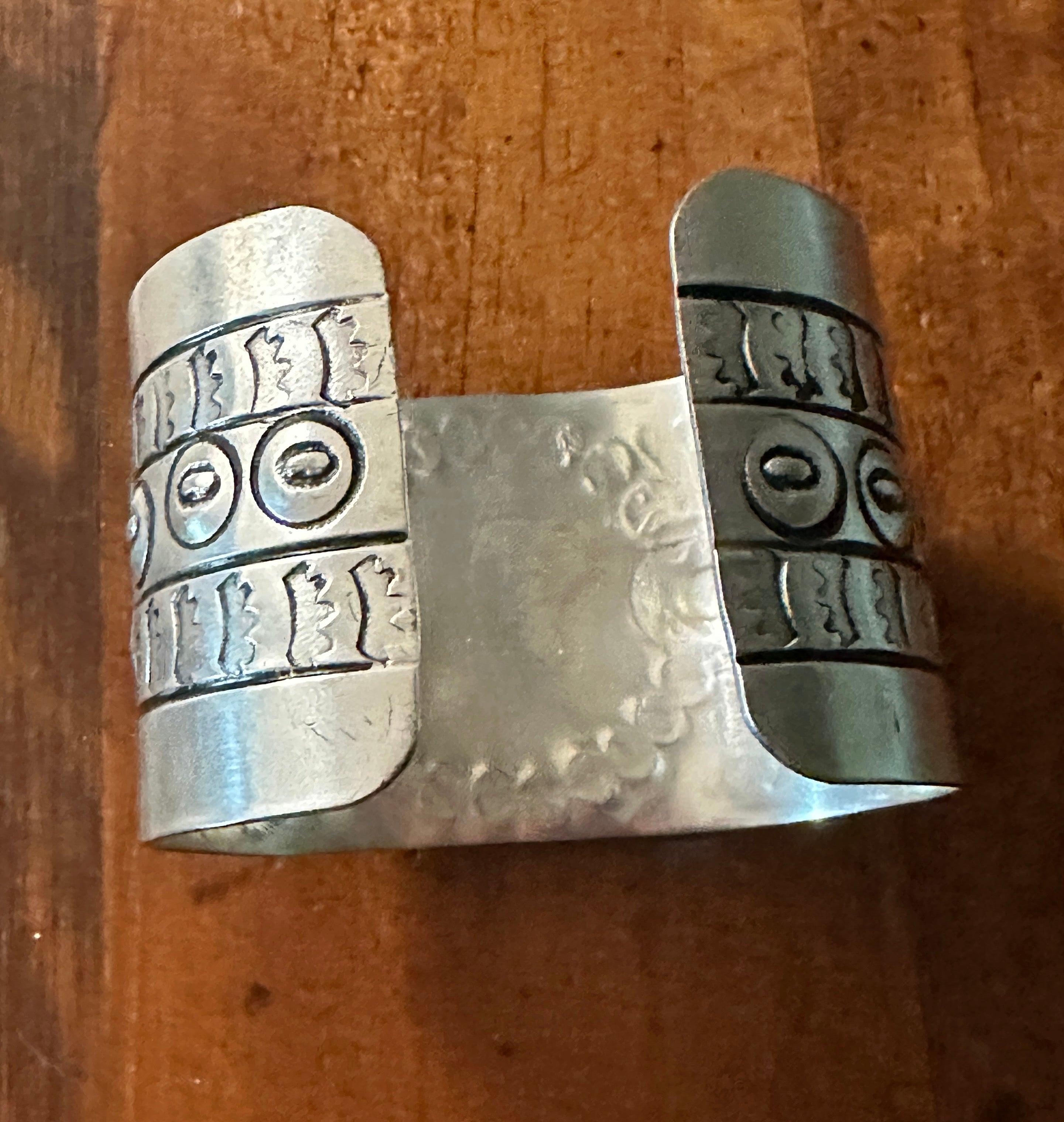 Engraved Silver Plated Cuff Bracelet with Green Stone