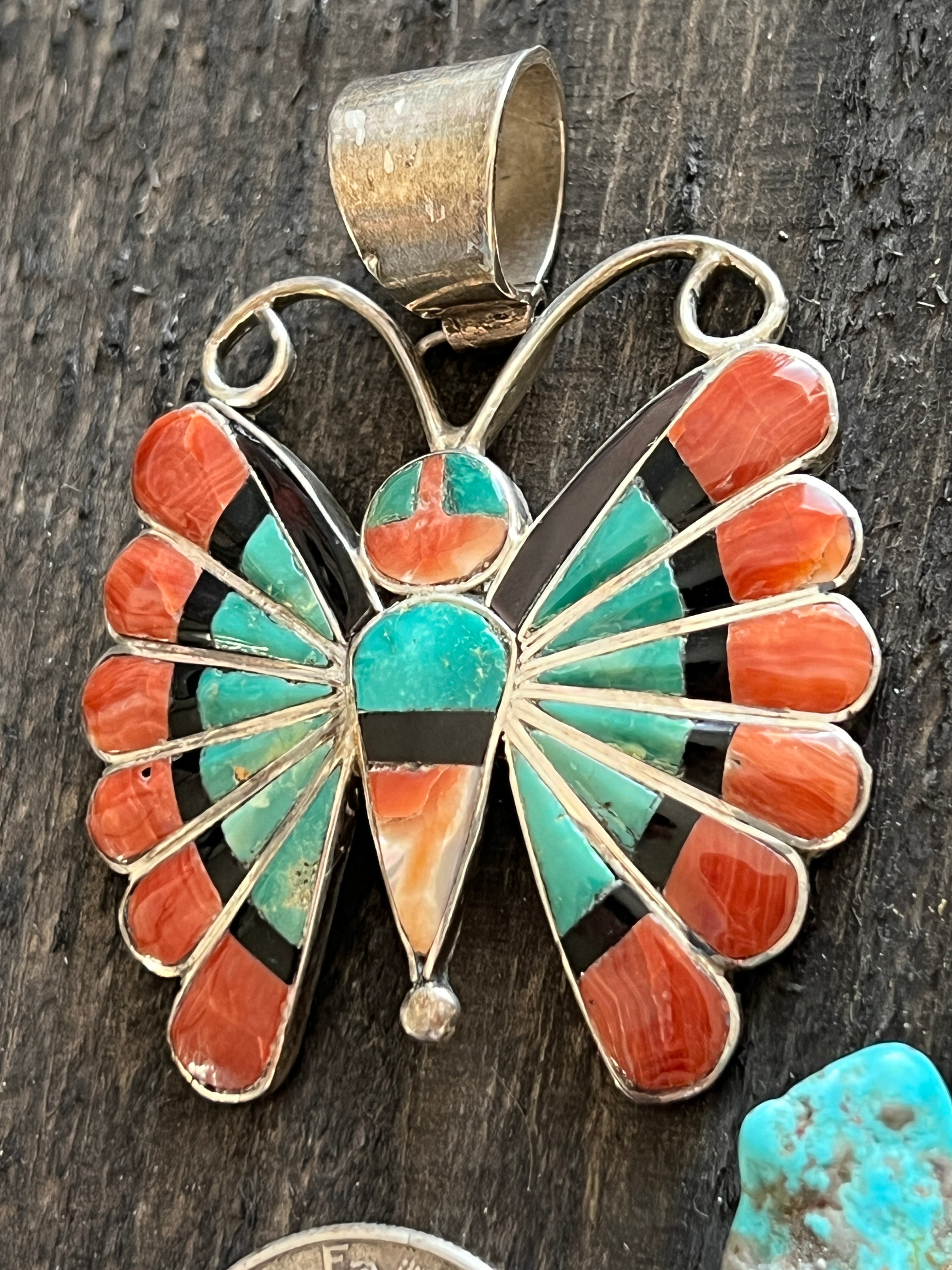 Vintage Handcrafted Sterling Silver, Turquoise, Spiny Oyster Shell and Jet Inlay Butterfly Pendant by Sara Edaakie