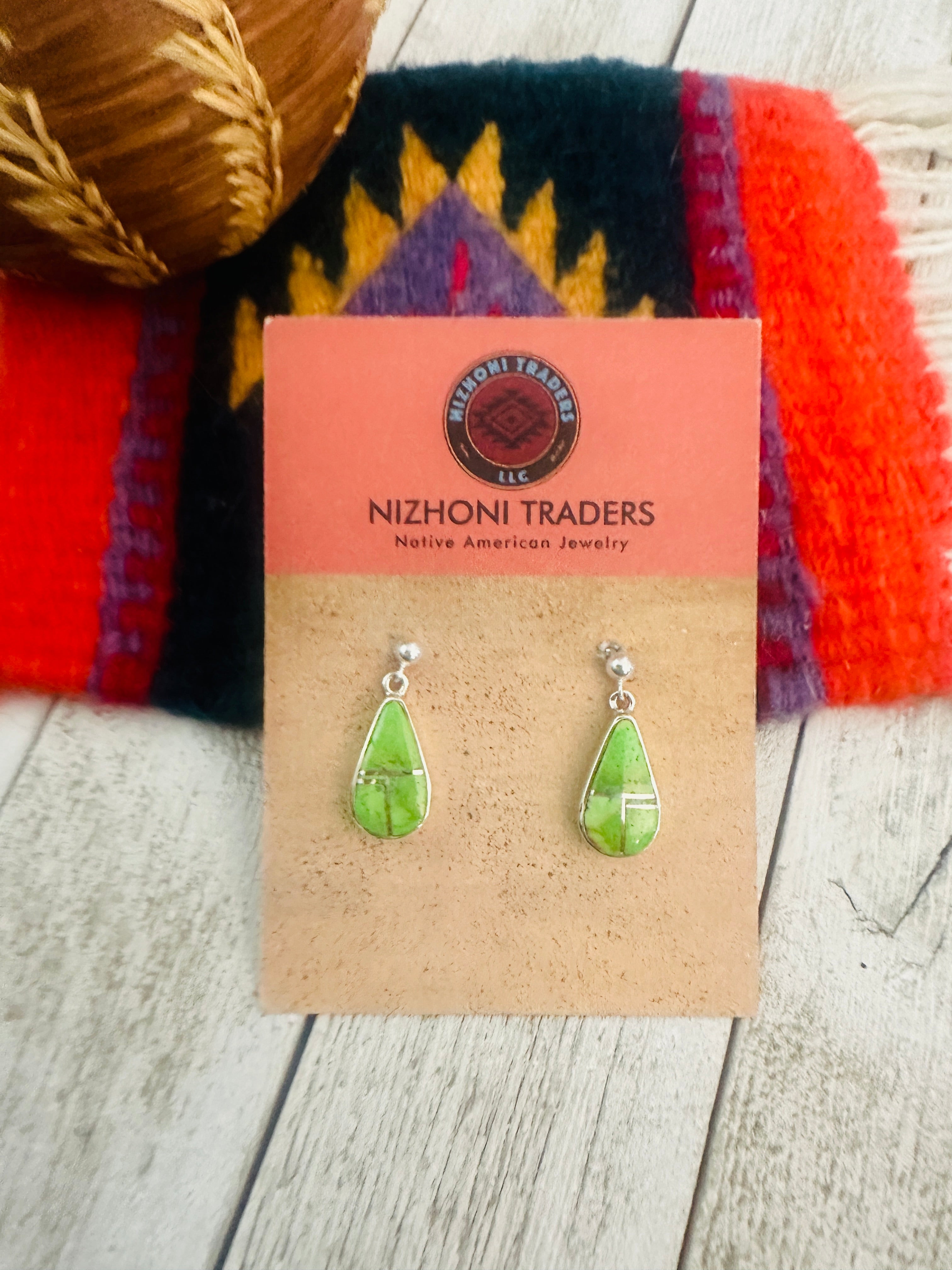 Navajo Sterling Silver Gaspeite Inlay Dangle Earrings