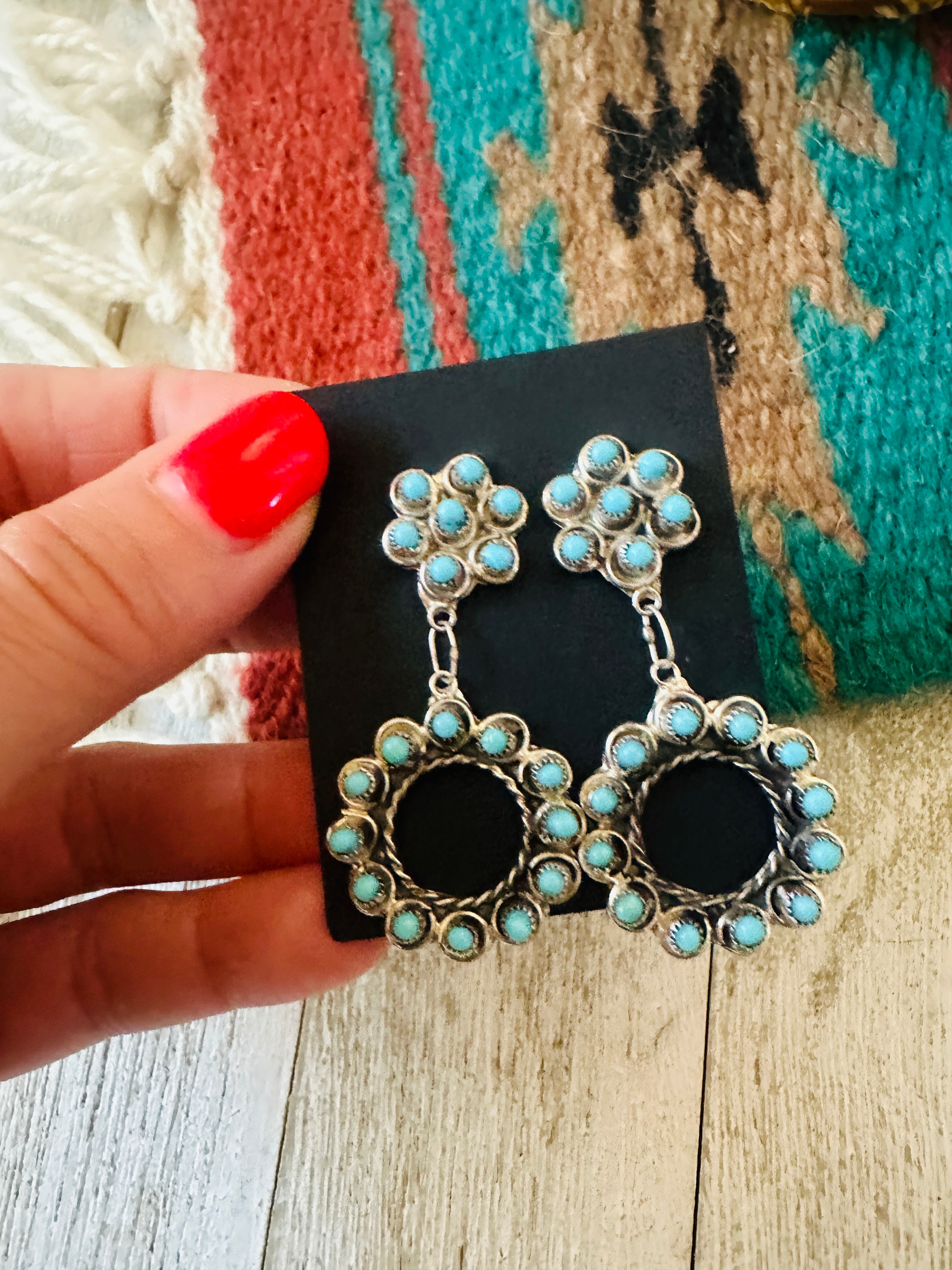 Zuni Sterling Silver & Turquoise Petit Point Dangle Earrings