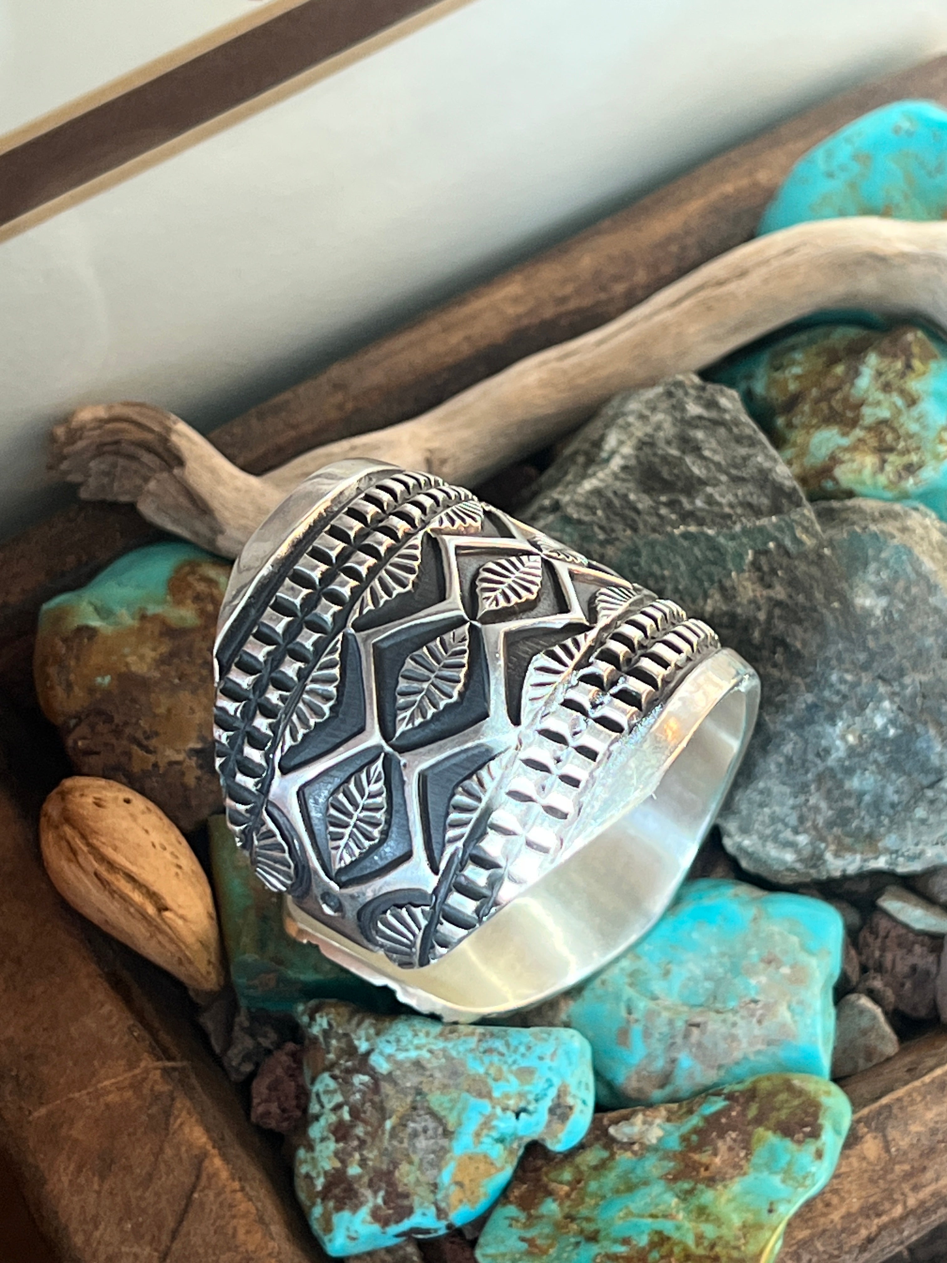 Handcrafted Old Pawn Sterling Silver Deep Stamped Cuff Bracelet by Elvira Bill