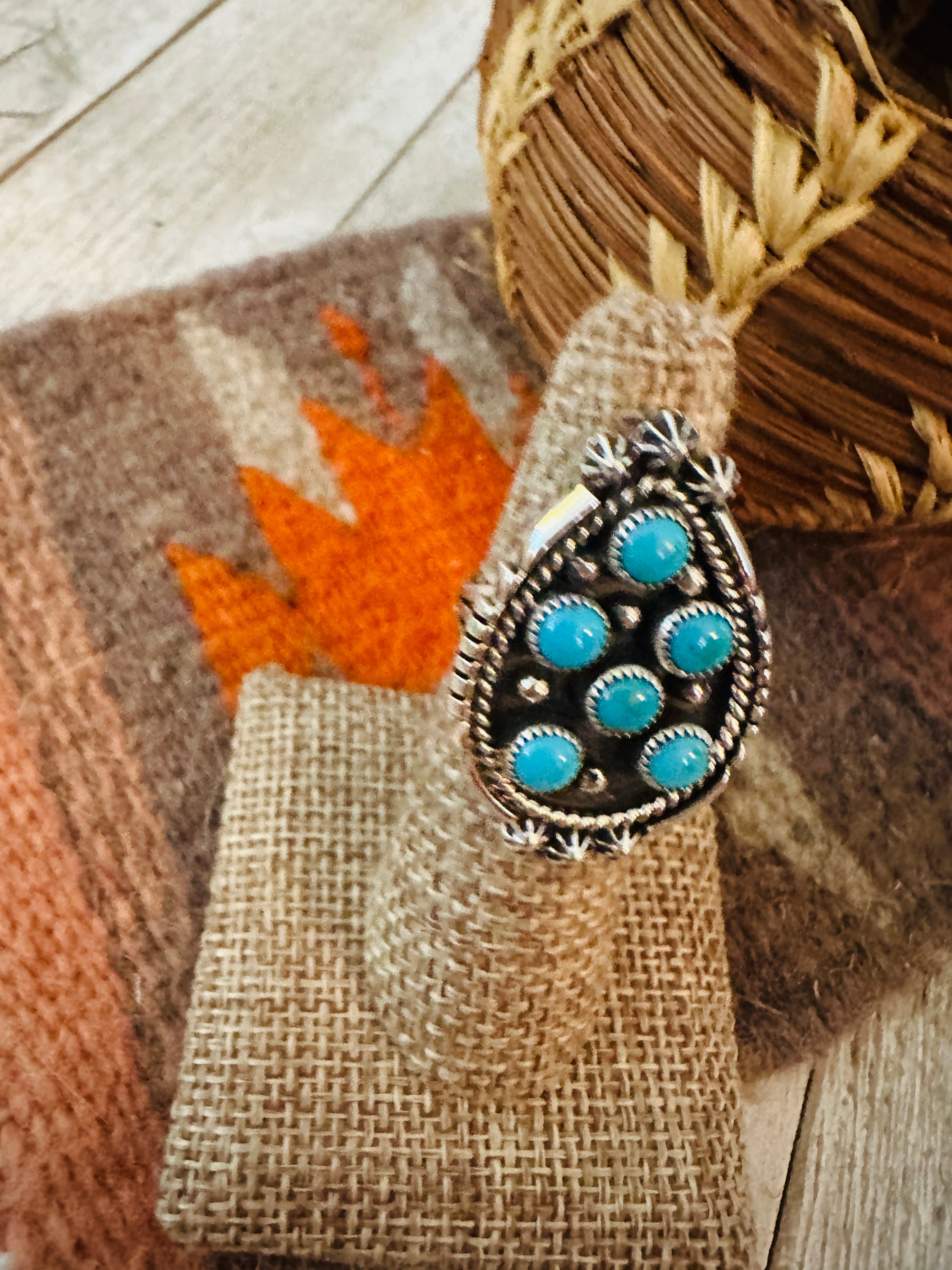 Handcrafted Turquoise & Sterling Silver Cluster Ring Size 5.5