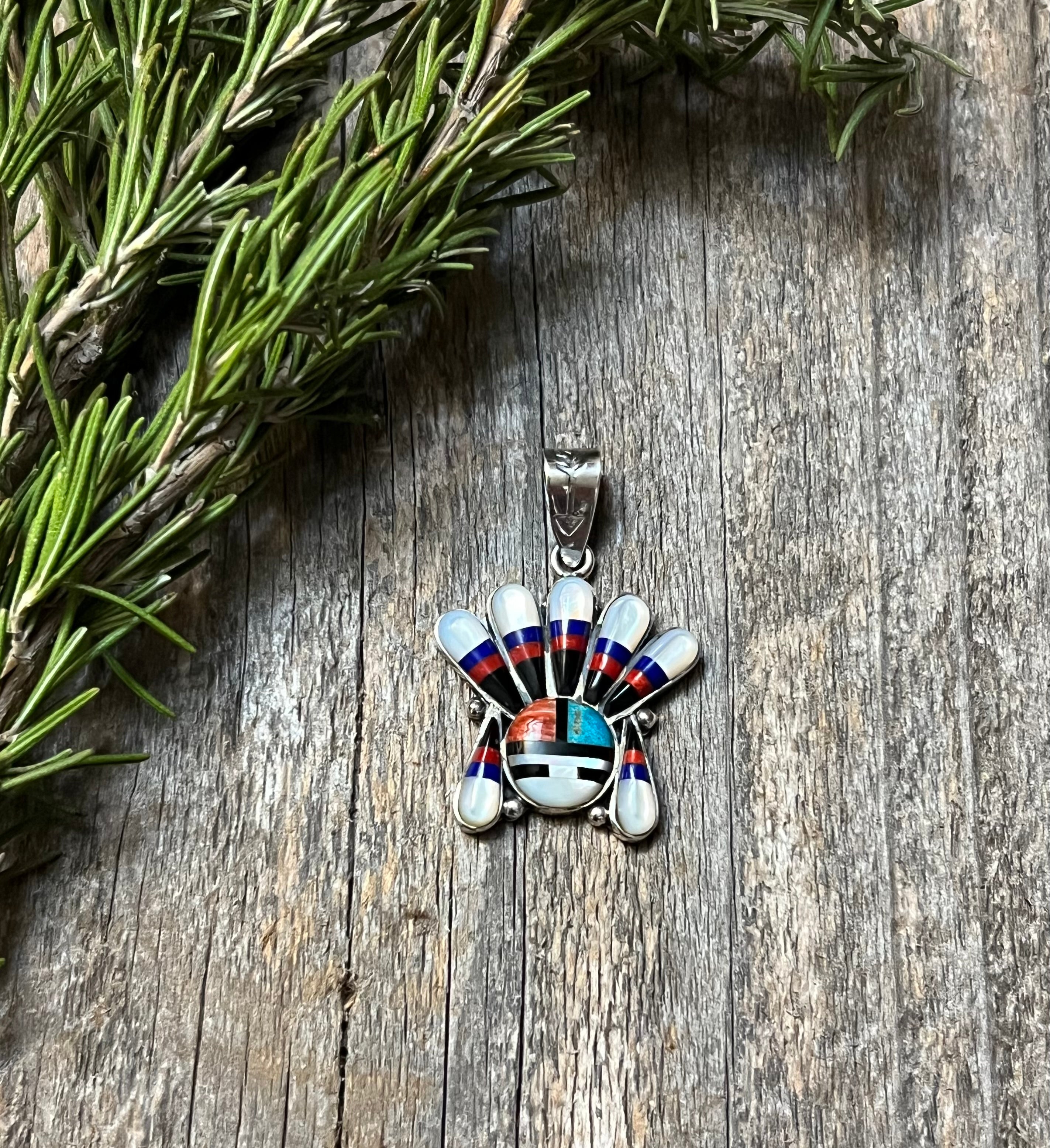 Handmade MultiStone Inlay Sun Face Sterling Silver Pendant