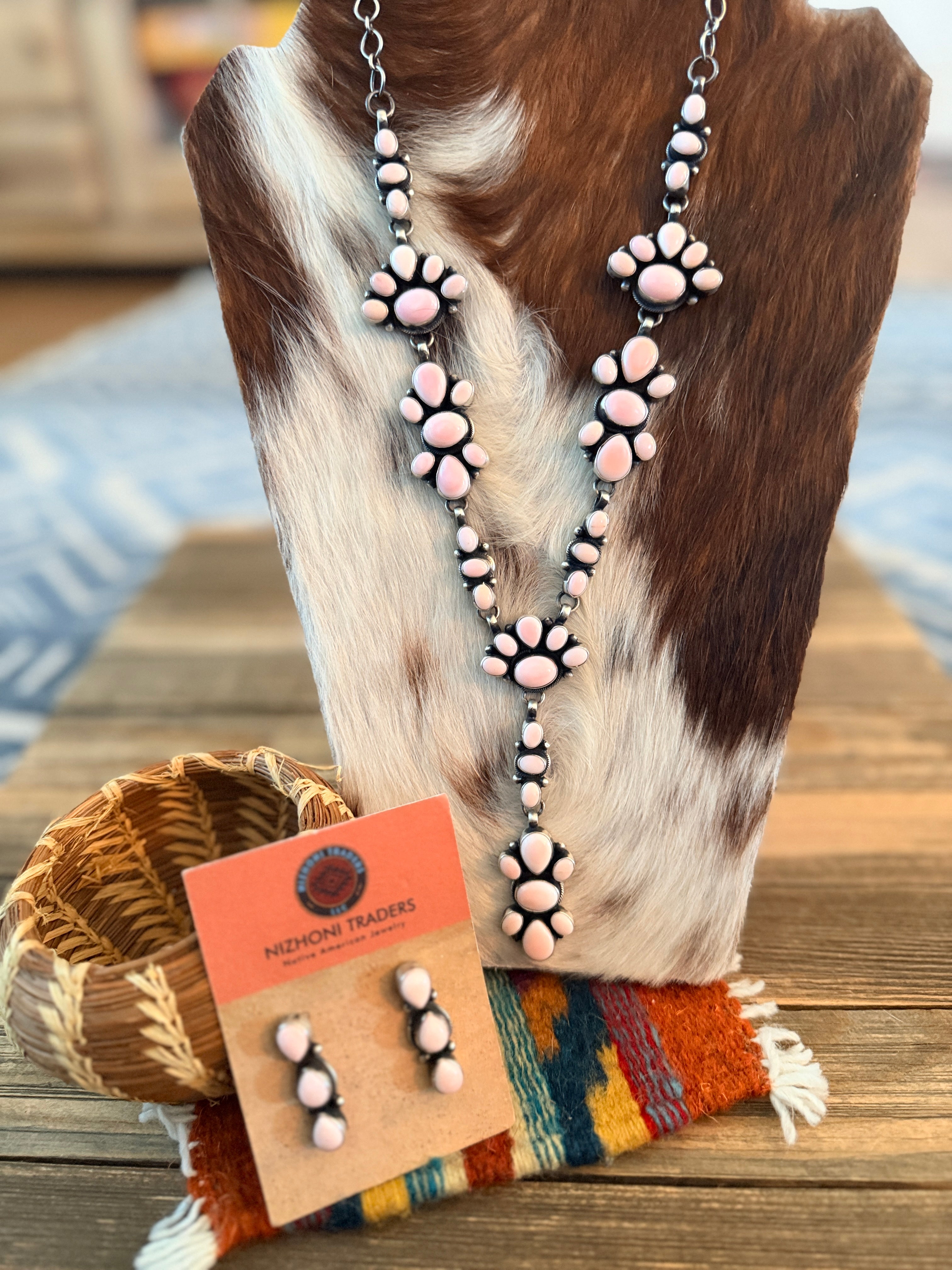 Handcrafted Queen Pink Conch & Sterling Silver Cluster Necklace and Earring Set by Travis Jim