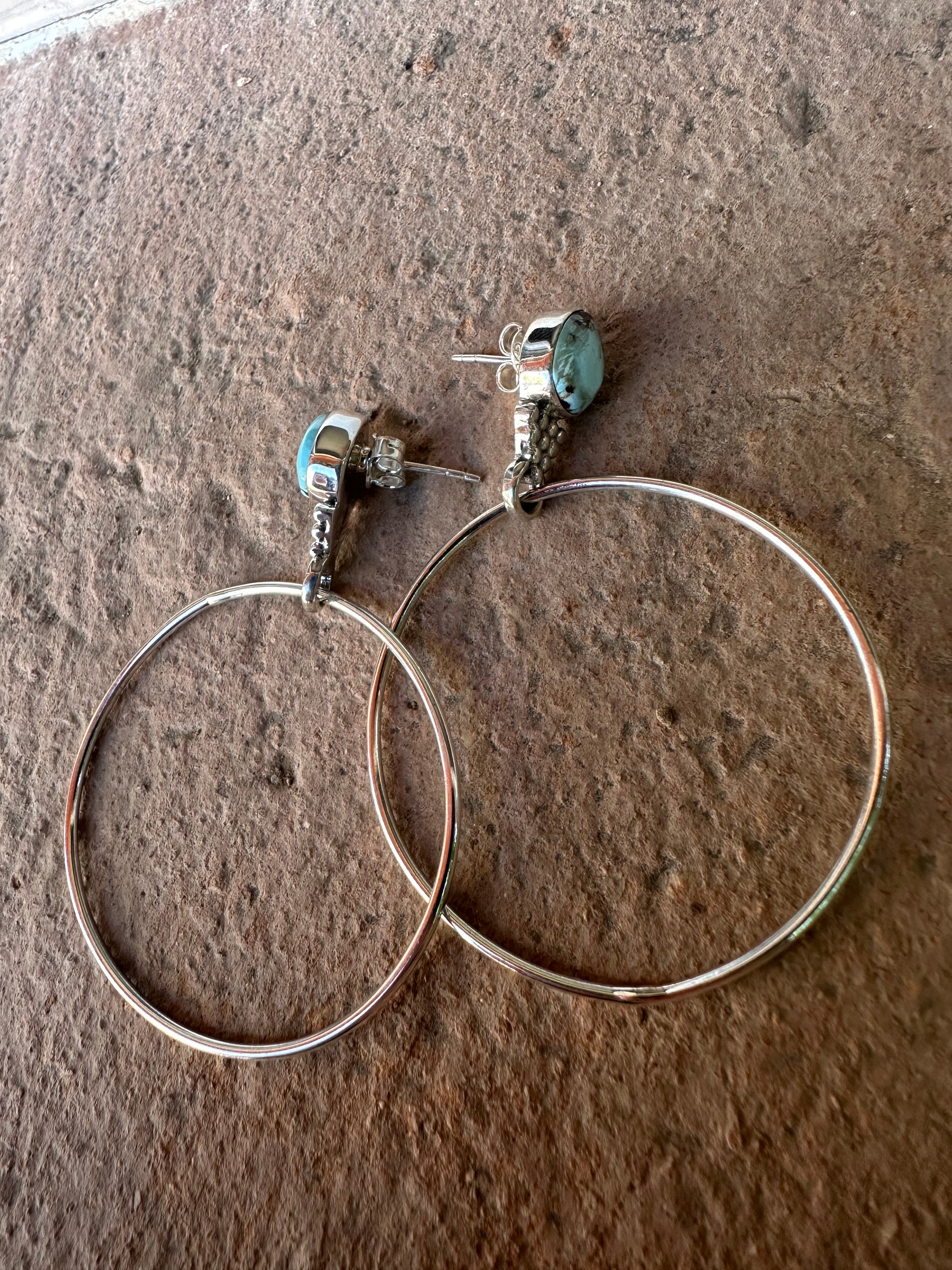 Handmade Golden Hills Turquoise & Sterling Silver Hoop Earrings Signed Nizhoni