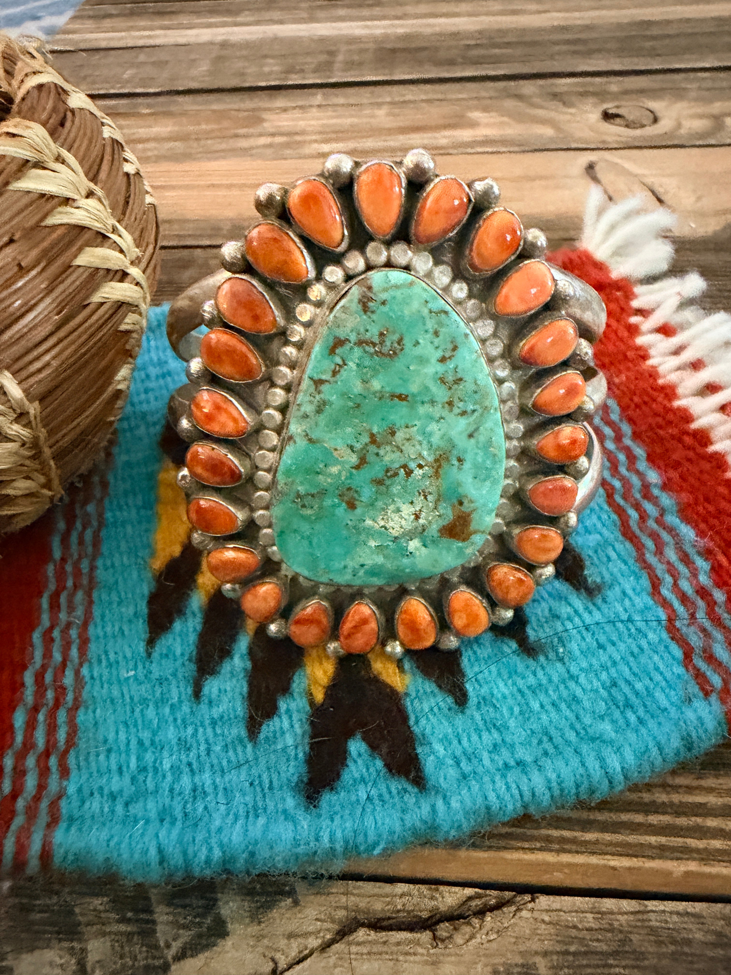 Handcrafted Spiny Oyster, Turquoise & Sterling Silver Cluster Cuff Bracelet