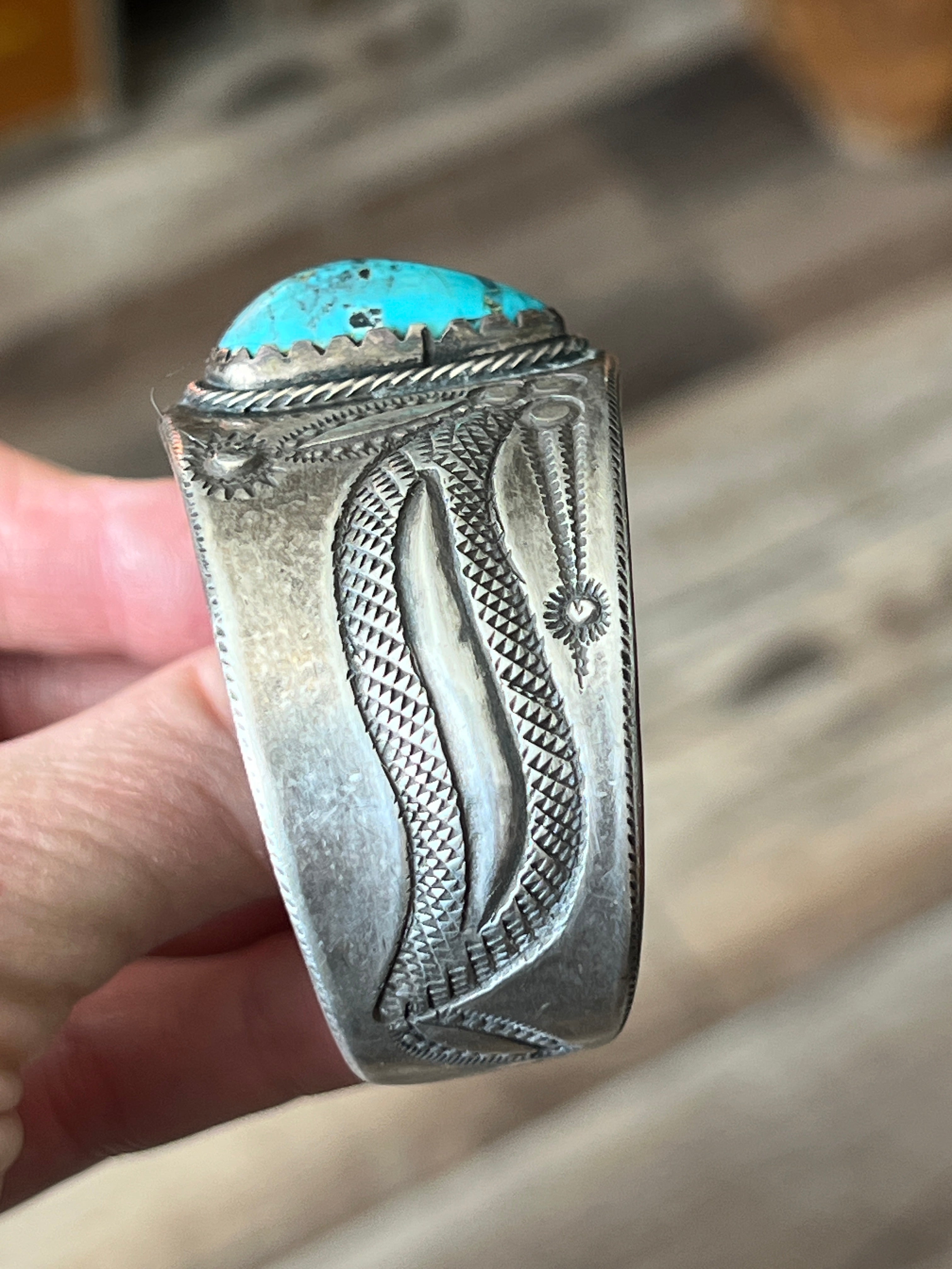 Hand Forged Old Pawn Sterling Silver Ingot Cuff Bracelet w/ Turquoise by Santa Fe Artist, Buffalo: The Spurs