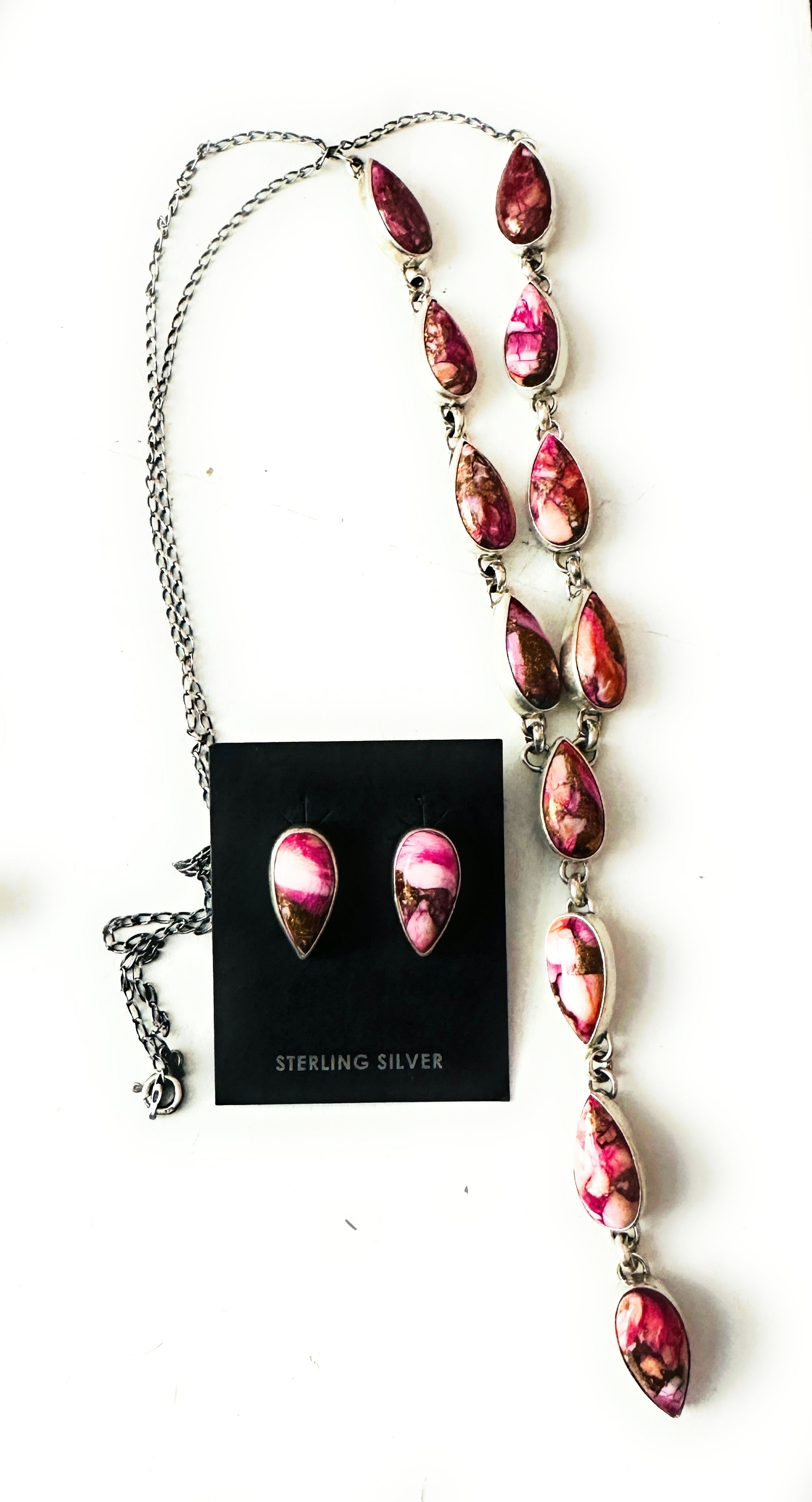 Navajo Sterling Silver & Pink Dream Mojave Lariat Necklace Set