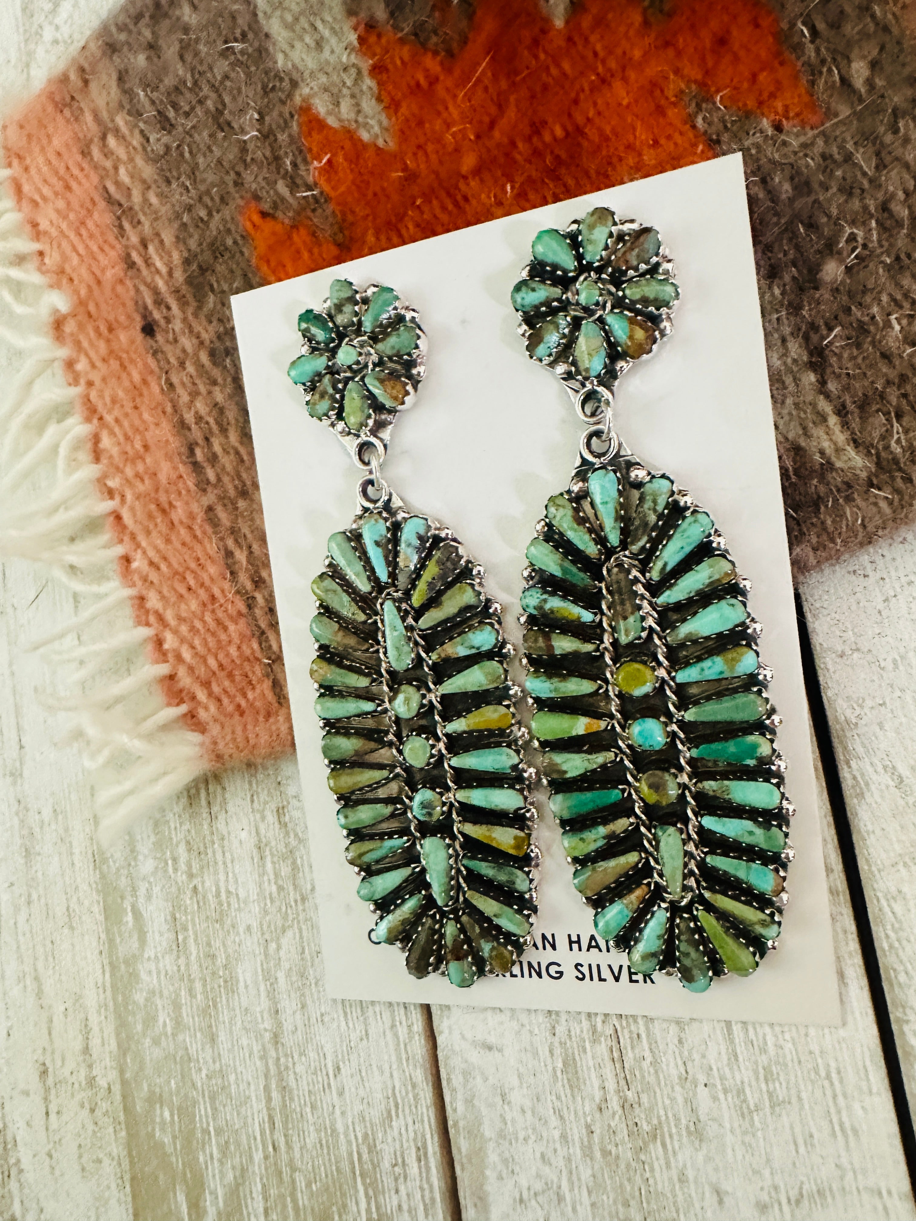 Navajo Royston Turquoise & Sterling Silver Cluster Dangle Earrings