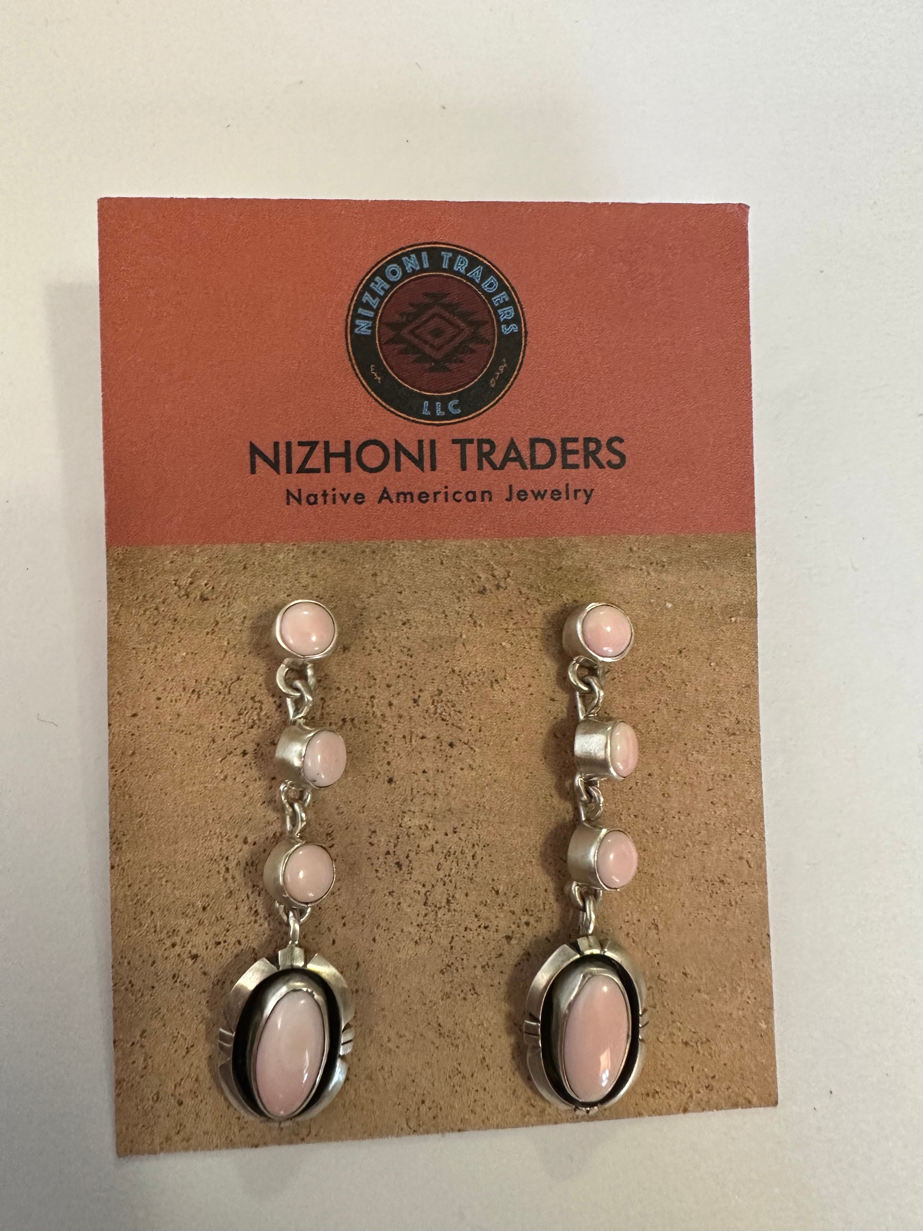 Navajo Sterling Silver Pink Conch 4 Stone Dangle Earrings