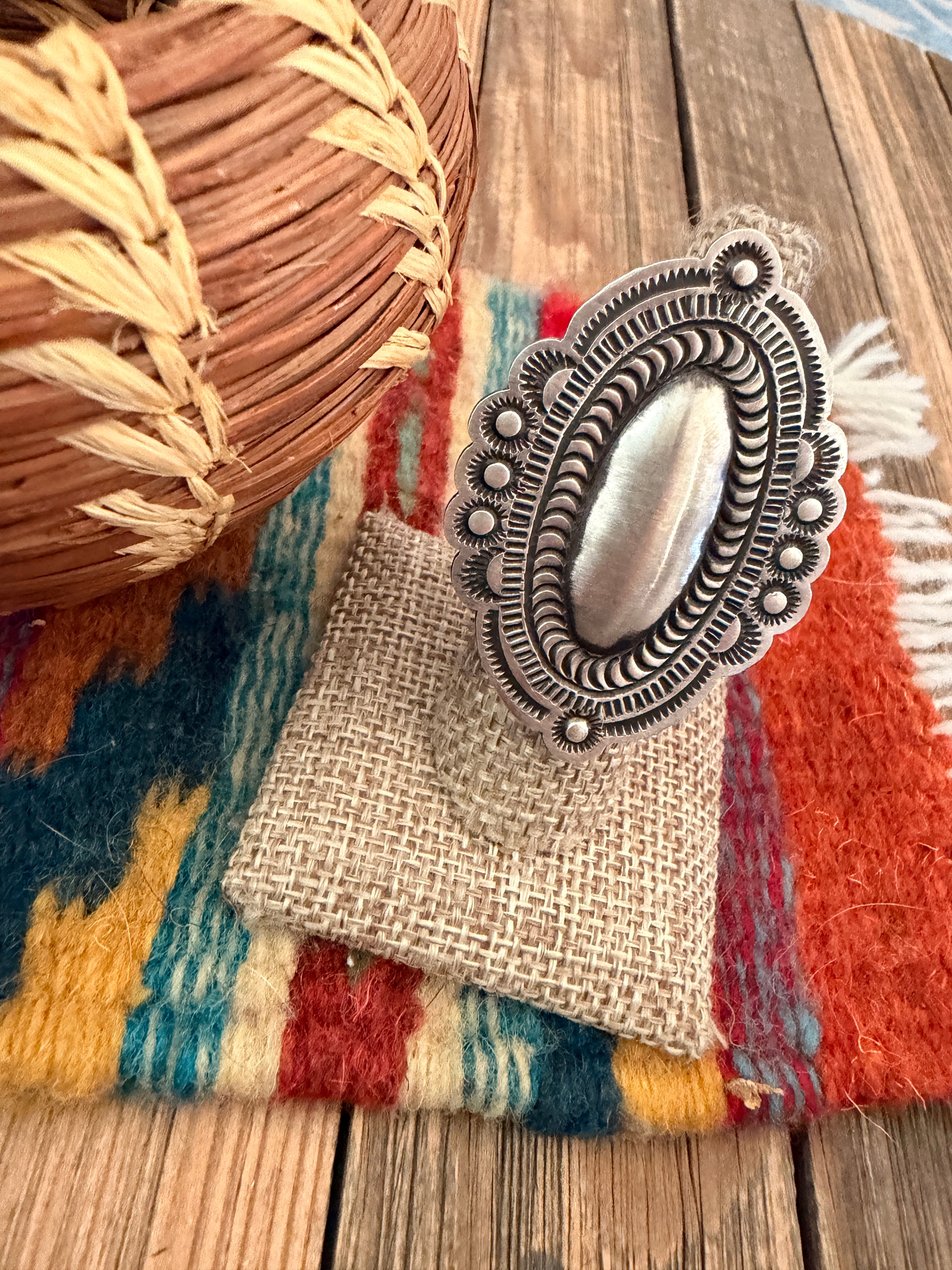 Handcrafted Sterling Silver Adjustable Concho Ring by Leander Tahe