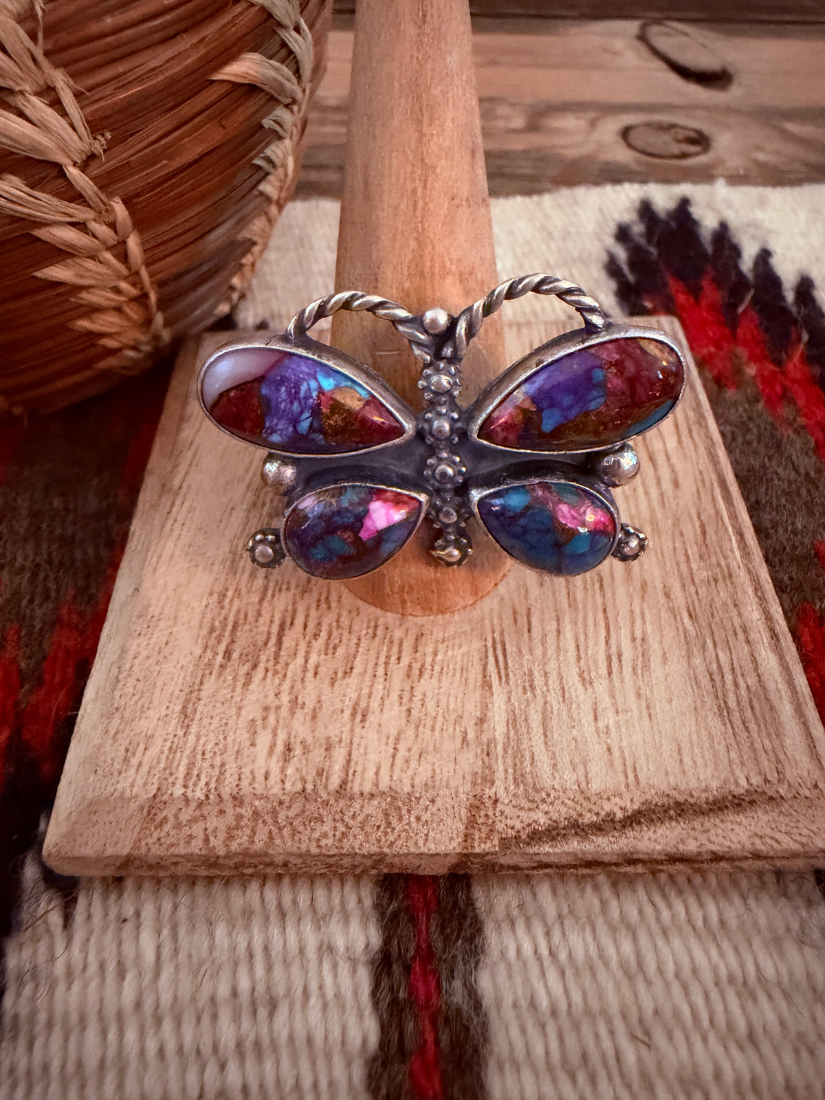 Handcrafted Pink Dream Mojave & Sterling Silver Adjustable Butterfly Ring